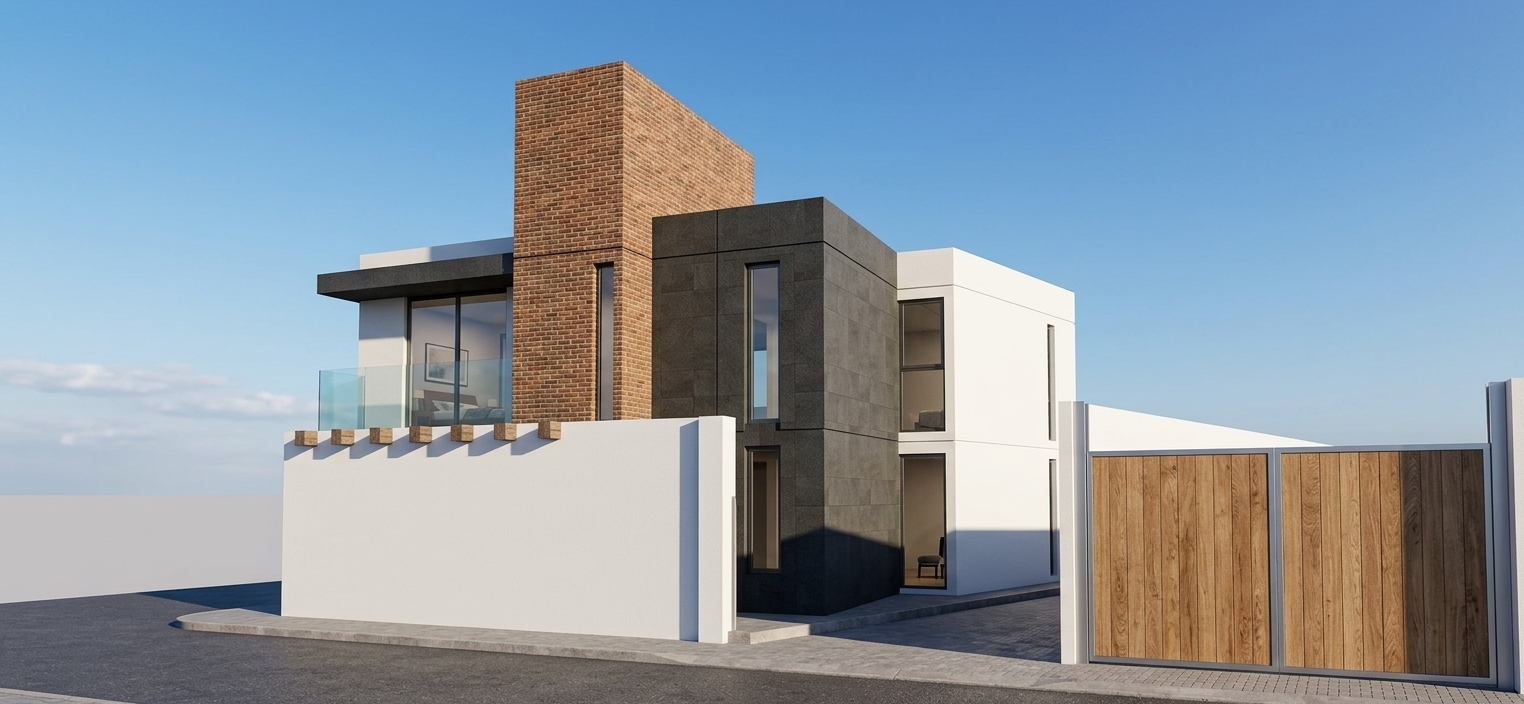 A professional architectural photograph of the modern residence, preserving the exact geometry, perspective, and composition under crisp, natural afternoon sunlight. Textures are rendered with photorealistic fidelity, featuring tactile red brick masonry with authentic mortar, matte dark slate stone cladding, smooth white exterior stucco, and rich natural wood grain on the fence panel and cantilevered beam accents. Architectural glass windows and railings display subtle sky reflections, complemented by realistic asphalt road textures in the foreground, balanced exposure, clean shadows, and mild natural lens vignetting.