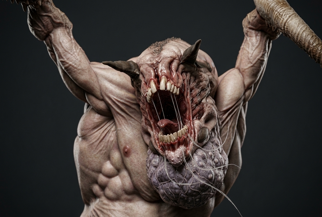 A sharp photograph of the monstrous creature exactly as posed, rendered with realistic organic textures under harsh, direct summer midday sunlight. The pale, muscular flesh exhibits authentic pores, veins, and subtle subsurface scattering, cast in high-contrast natural light with deep, hard shadows. The gaping jaws display glistening, wet saliva strands and detailed teeth, while the massive appendages reveal dense, rough keratin textures, captured with crisp depth of field and subtle photographic grain.