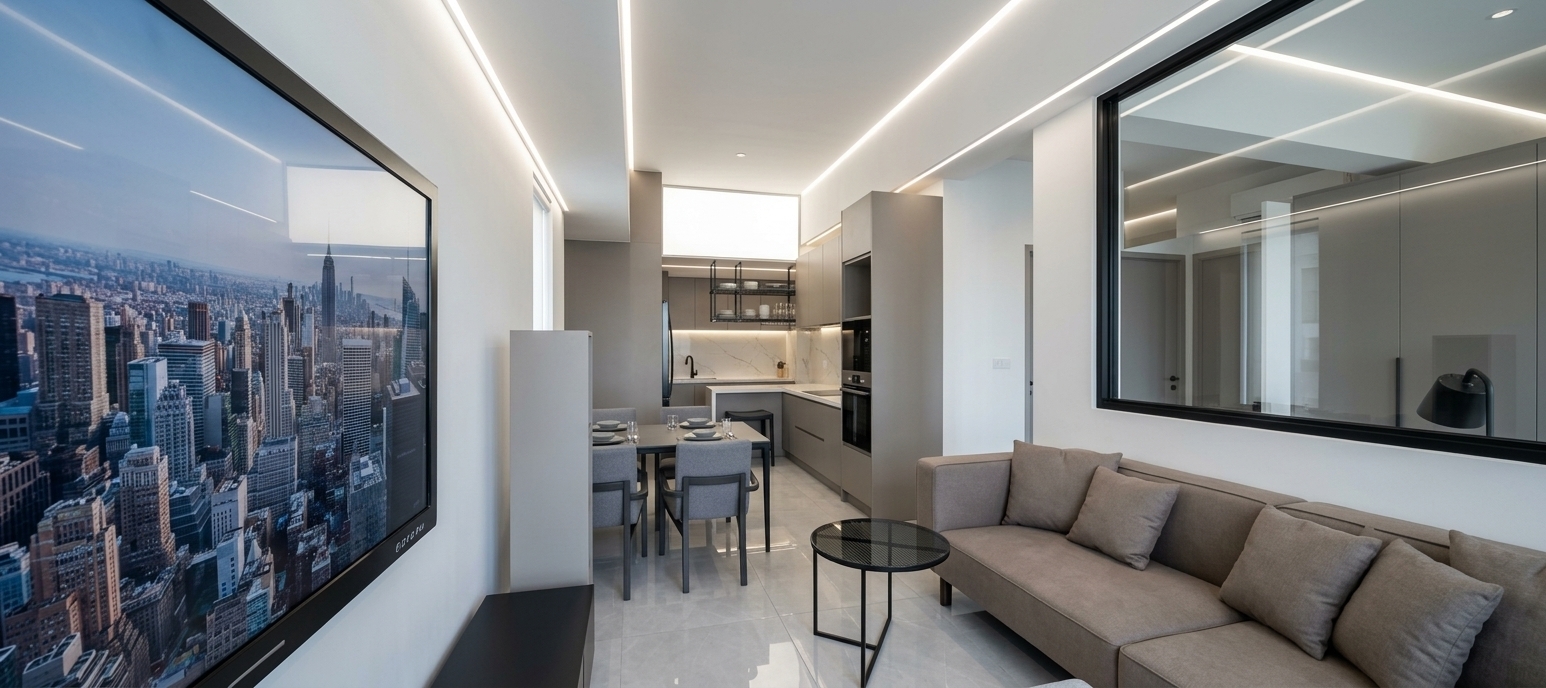 An incredibly lifelike, richly detailed, photorealistic wide-angle interior photograph of an open-concept living and dining space set in a luxurious urban residence. The scene is illuminated by brilliant, bright midday daylight balanced with crisp architectural recessed lighting, creating an airy, refined, and contemporary atmosphere of pure elegance. Captured with a professional full-frame camera using a 24mm architectural lens, emphasizing seamless large-format light gray porcelain floors, smooth matte-lacquered cabinetry, and sleek black steel accents with an entirely non-wood, ultra-modern finish. On the right, an inviting modular sofa upholstered in tailored taupe fabric and plush cushions sits beneath an expansive black-framed glass partition reflecting the pristine interior. Across the room, a minimalist media console grounds a massive wall-mounted screen, effortlessly guiding the eye through to the sleek dining area and streamlined kitchen adorned with suspended metal racks and polished quartz countertops.