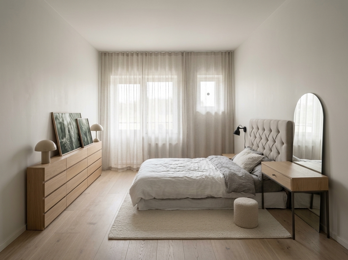 An incredibly lifelike, richly detailed, photorealistic wide-angle interior photograph of a tranquil Scandinavian sanctuary bedroom set in a bright, modern apartment. The scene is illuminated by soft, diffused daylight pouring gently through floor-to-ceiling sheer linen curtains that veil a large back window, creating a serene, airy, and deeply comforting hygge atmosphere. Captured with a high-resolution camera and a 24mm tilt-shift lens, emphasizing the tactile beauty of plush textiles, organic blonde wood, and clean minimalist silhouettes. To the right, a low platform bed is layered in crisp white and heather-gray linens with an inviting duvet, anchored by an upholstered, diamond-tufted headboard and accompanied by a chic bedside table crafted with slender metal legs and light wood, next to a graceful arched leaning floor mirror. Across the wide-plank pale oak flooring, defined by a plush, off-white woven area rug and a cozy cylindrical bouclé pouf, sits a long, low-profile minimalist dresser on the left, elegantly styled with leaning nature-inspired art prints washed in muted soft greens, an open photography book, and smooth mushroom-shaped accent lamps that together radiate an effortless sense of balance, warmth, and Nordic calm.