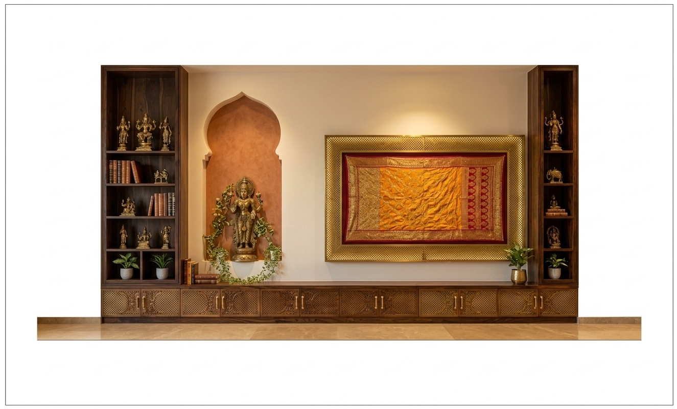 An incredibly lifelike, richly detailed, photorealistic straight-on interior photograph of an opulent living room feature wall set in a grand, culturally vibrant home. The scene is illuminated by soft, warm golden accent lighting and gentle ambient daylight, creating a deeply spiritual, welcoming, and luxurious atmosphere. Captured with a professional full-frame camera and a 35mm architectural lens, emphasizing rich tactile textures, hand-carved woodwork, and metallic embroidery. 

Flanked by two tall, dark Sheesham wood display cabinets filled with brass figurines, leather-bound books, and small potted indoor plants, the wall showcases an exquisite visual harmony. To the left of center, an elegant Mughal-style arched niche in a warm terracotta hue frames a serene brass sculpture surrounded by lush trailing greenery. Centered on the right, a large, ornate frame holds a breathtaking Indian textile artwork woven with shimmering gold zardozi, radiant saffron, and deep crimson threads, bordered by intricately perforated brass jali lattice work. Anchoring the composition below, a low, full-width credenza features masterfully carved wooden paneling and burnished brass handles, exuding handcrafted elegance and vibrant Indian warmth.