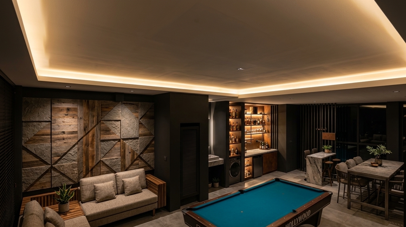 An incredibly lifelike, richly detailed, photorealistic wide-angle interior shot of a multi-functional entertainment and gaming lounge set in a luxury urban industrial loft at night. The scene is illuminated by warm, concealed perimeter cove lighting and the soft, inviting glow of an integrated wet bar, creating a sophisticated, moody, and exclusive after-hours atmosphere. Captured with a 24mm wide-angle architectural lens, emphasizing the tactile concrete floor tiles, geometric reclaimed wood and stone wall paneling, and the electric vibrance of the central pool table's cyan felt. Surrounding the Hollywood billiard table, a cozy lounge area rests beneath the angular accent wall, while the background reveals a sleek beverage bar stocked with bottles and glassware, flanked by vertical dark metal slats, a marble waterfall cocktail station, and an elegant gathering table crafted in harmonious shades of charcoal black, graphite, and warm rust.