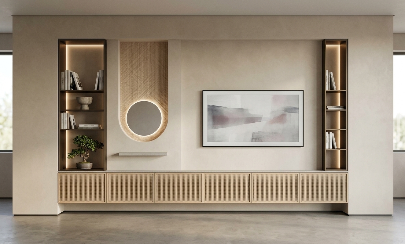 An incredibly lifelike, richly detailed, photorealistic wide-angle interior photograph of a bespoke living room media wall set in a serene, contemporary sanctuary. The scene is illuminated by soft morning light cascading from side windows and complemented by warm, hidden linear LED cove lighting along the architectural niches, creating a peaceful, Zen-inspired atmosphere. Captured with a professional full-frame camera and a 24mm tilt-shift lens at eye level, emphasizing the contrasting tactile textures of fluted oak, cross-hatch woven cabinetry, and buttery-smooth microcement plaster. Flanking the space are two slender, floor-to-ceiling shelving towers in matte dark bronze framing, thoughtfully styled with open-face photography books, a single sculpted stone vessel, and a small potted bonsai with lush green leaves. Spanning the entire base, a low-profile floating credenza features five seamless doors wrapped in natural textured cane weave beneath an ultra-thin stone counter. Just left of center, an elegant vertical alcove capped with a smooth half-circle arch showcases a delicate cross-hatched light-wood texture, framing a luminous circular mirror with backlighting above a crisp floating ledge, while to the right, an ultra-thin black-bezel screen displays minimalist abstract wall art in muted shades of gray, white, and subtle dusty pastels, completing this effortlessly uncluttered, functional haven.