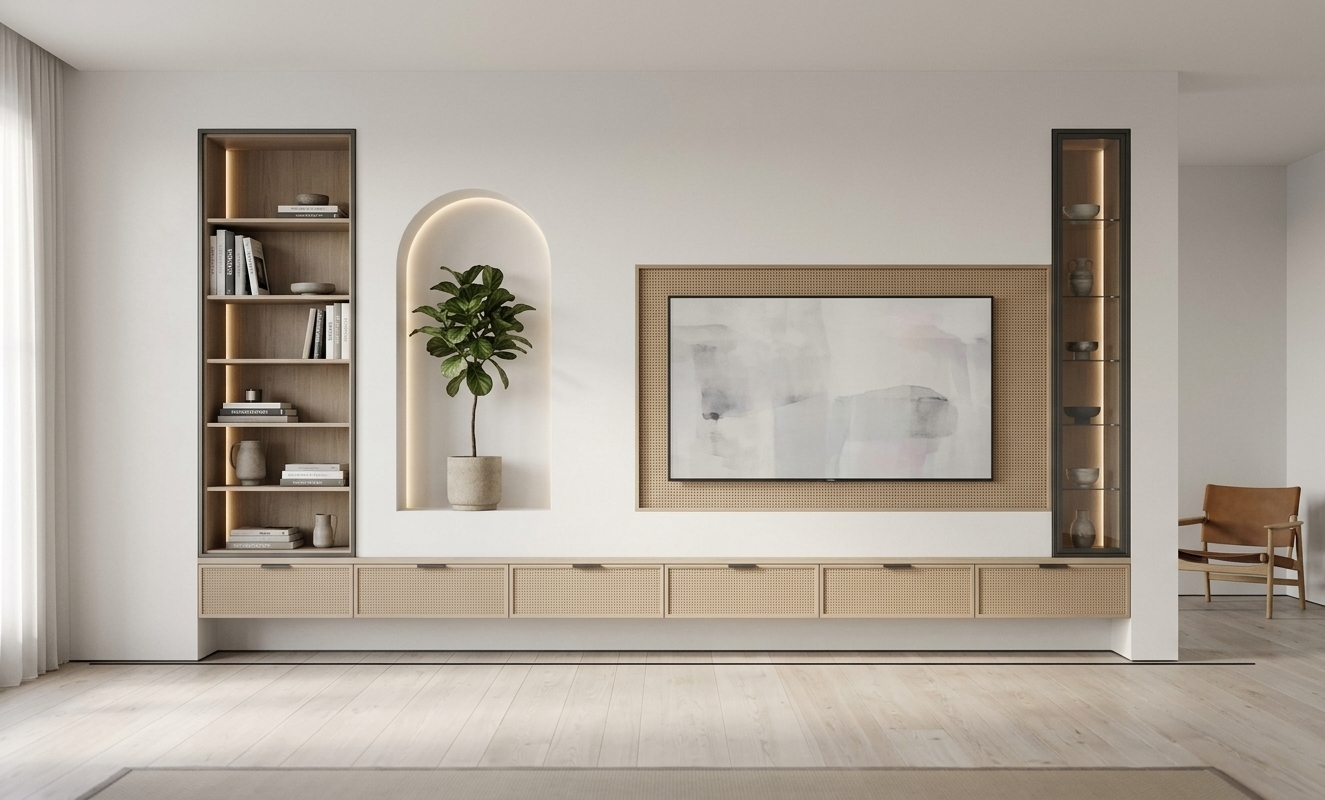 An incredibly lifelike, richly detailed, photorealistic wide-angle interior photograph of a custom modern feature wall set in an elegant, minimalist living room haven. The scene is illuminated by soft, diffused morning sunlight streaming from the side paired with warm, discreet LED backlighting tucked into the recessed niches, creating a serene, Zen-inspired atmosphere. Captured with a professional 35mm prime lens at eye level, emphasizing the contrasting textures of smooth matte white plaster, woven light-oak cane panels, and brushed charcoal metal framing. Dominating the focal wall with pristine symmetry and functional elegance, a tall open shelving unit on the far left holds a curated selection of hardcover photography books and understated stoneware ceramics against generous, airy negative space, positioned beside a graceful recessed arched alcove that frames a sculptural indoor plant in a neutral ceramic pot. To the center-right, a large wall-mounted flat screen seamlessly doubles as framed minimalist abstract canvas art in soft gray and subtle pastel washes, surrounded by a bespoke textured border of woven natural rattan. Directly beneath the ensemble, a continuous, low-profile floating credenza featuring meticulously aligned textured cane-front cabinets anchors the entire layout above pale ash floorboards, maintaining an effortlessly uncluttered, streamlined aesthetic defined by sophisticated modern simplicity.