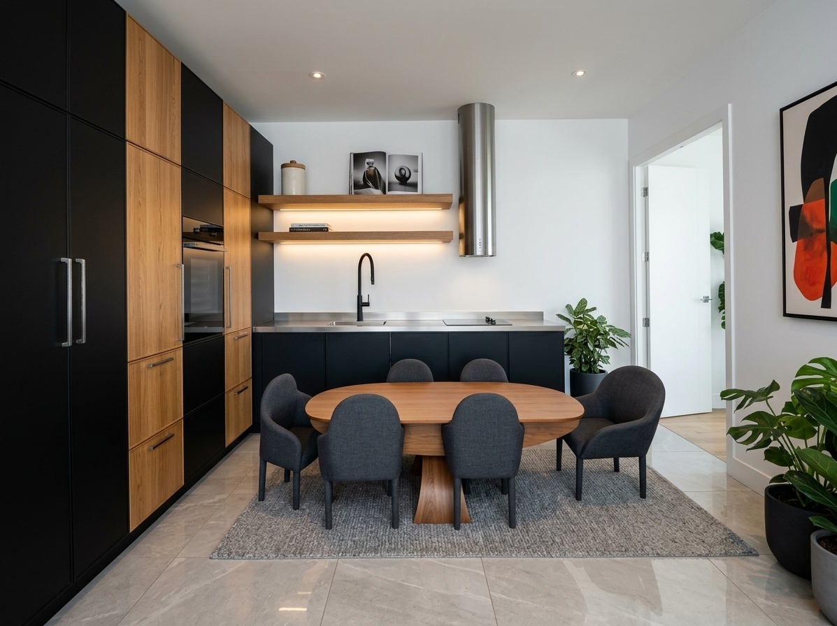 An incredibly lifelike, richly detailed, photorealistic wide-angle interior photograph of a modern fusion kitchen and open-concept dining space set in a high-end urban loft. The scene is illuminated by soft, natural daylight balanced by warm, recessed under-shelf LED strip lighting, creating a sleek, dynamic, and invitingly sophisticated atmosphere. Captured with a professional full-frame camera and a 24mm tilt-shift lens, emphasizing smooth matte surfaces, natural wood grains, and crisp geometric lines. On the left, modular floor-to-ceiling cabinetry alternates between seamless deep matte black and warm vertical-grain oak panels with sleek industrial metallic handles. In the center backdrop, a minimalist quartz and brushed steel preparation counter features an integrated induction cooktop and a slender matte black gooseneck faucet over a flush sink, accompanied by floating wooden shelves displaying a ceramic canister, minimal yet impactful decor, and an artful photography book, all anchored by a bold, cylindrical brushed-metal range hood. In the foreground, an oval dining table of smooth solid wood rests upon a plush, woven gray area rug, encircled by four contemporary barrel-back chairs upholstered in tailored charcoal fabric. Large-format, polished stone floor tiles stretch toward the viewer, while the crisp white adjacent wall leads to a clean-lined modern doorway, perfectly complemented by vibrant accents from nearby lush potted greenery and bold abstract wall art that completes this effortlessly refined architectural sanctuary.
