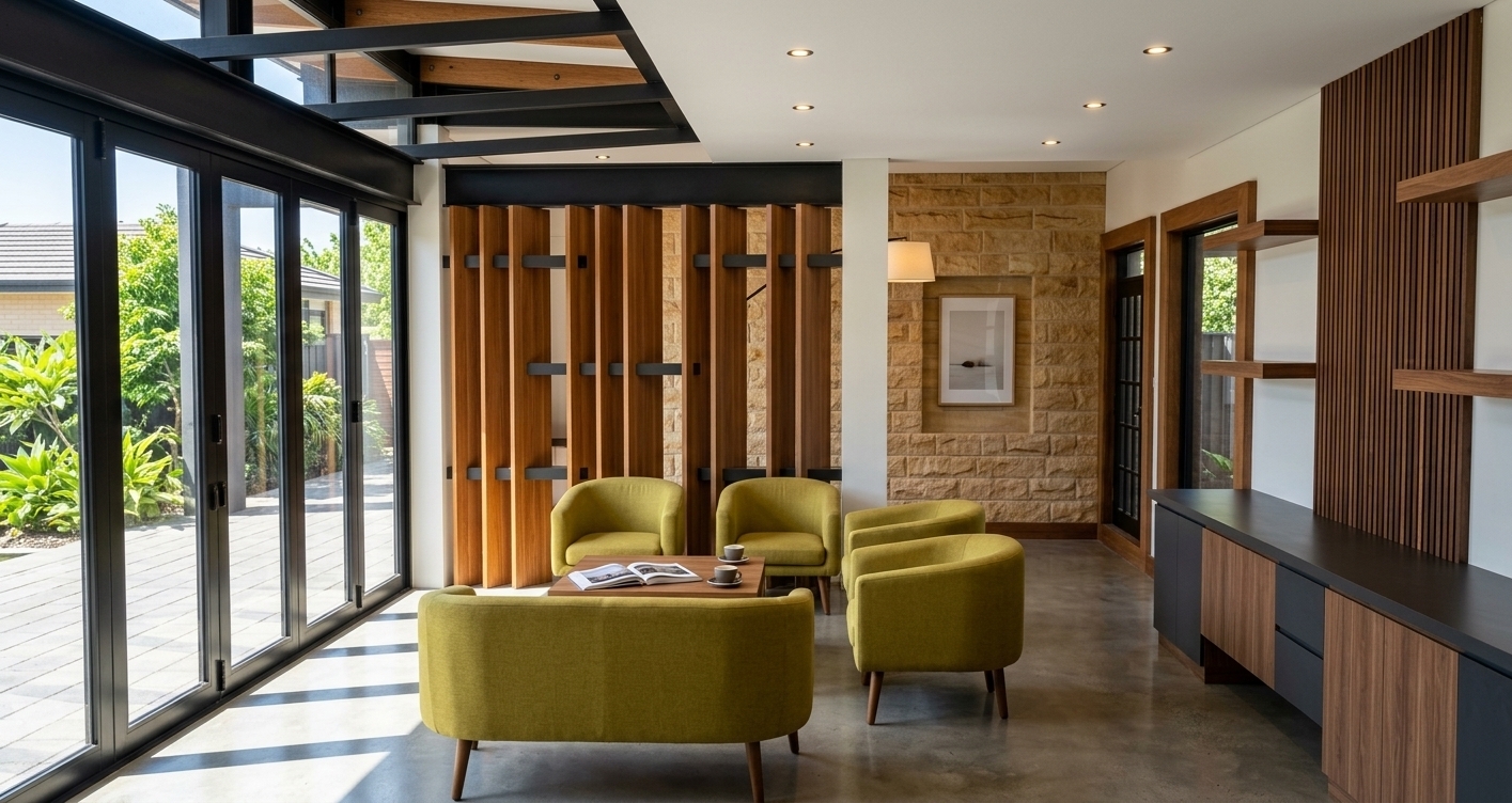 An incredibly lifelike, richly detailed, photorealistic wide-angle interior shot of a modern fusion living room set in an upscale contemporary residence. The scene is illuminated by crisp, bright midday summer sunlight streaming through full-height black aluminum bi-fold doors, mingled with warm recessed ceiling downlights, creating an airy, dynamic, and sophisticated atmosphere. Captured with a professional full-frame camera and a 24mm architectural tilt-shift lens, emphasizing the rich natural grain of walnut paneling, smooth matte surfaces, and vibrant chartreuse upholstery. 

In the center of the open-concept layout, a bold seating cluster of lime-toned curved armchairs and a matching settee frames a minimalist wooden coffee table neatly staged with an open photography book. To the left, expansive glass doors fold open toward a paved sunlit patio fringed with lush outdoor greenery. Architectural depth is enhanced by industrial exposed black ceiling rafters, a sculptural louvered timber room divider, and a warm, textured sandstone-brick accent wall. Anchoring the right wall is a sleek credenza with charcoal and warm wood cabinetry, complemented by minimalist floating shelves backed by a rich vertical slat wall, perfectly balancing clean geometry with organic warmth.
