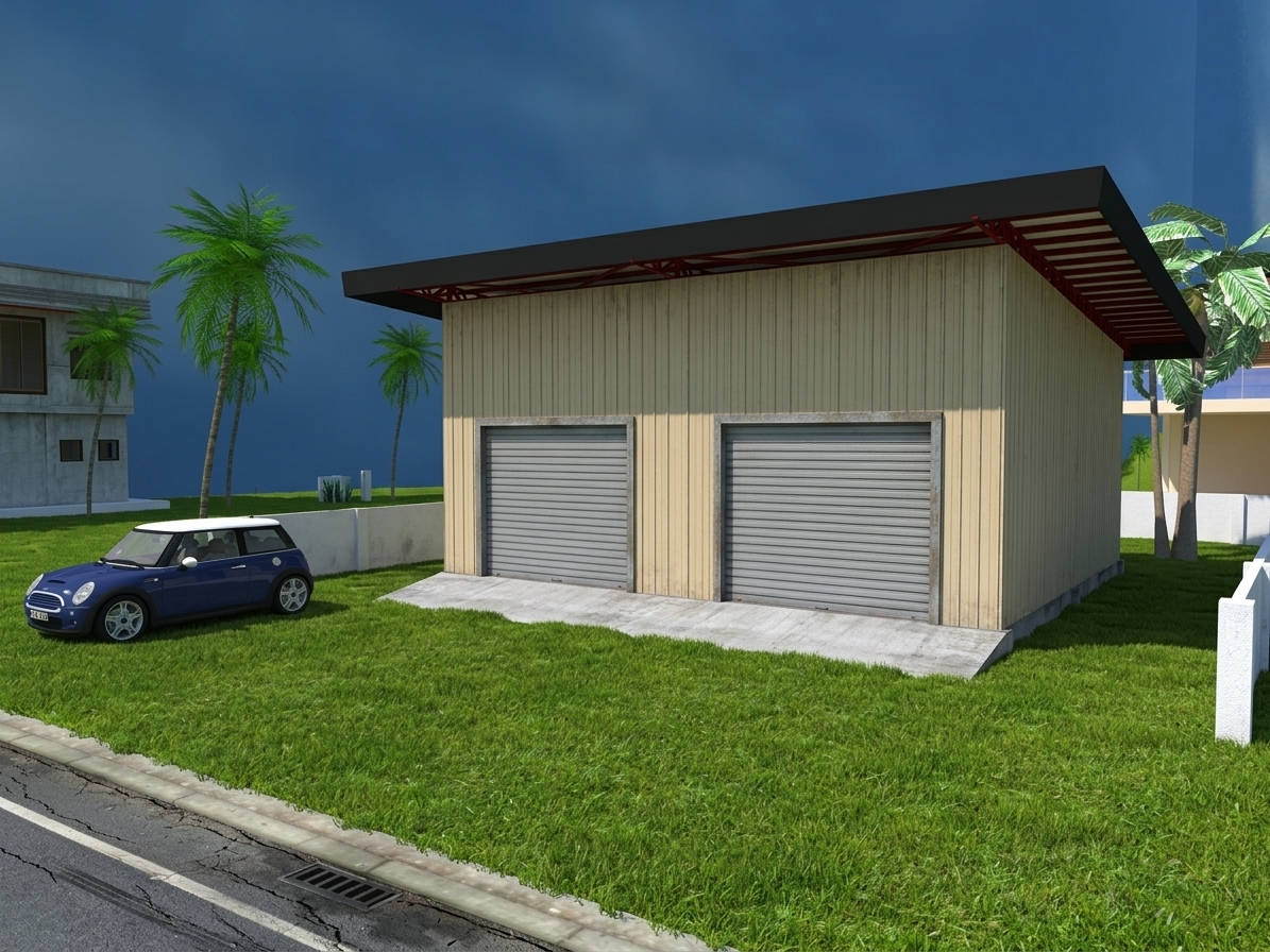 A crisp architectural daylight photograph capturing the newly built roadside garage with exact geometry, perspective, and composition preserved. Shot with a 35mm lens at f/8 under natural slightly overcast daylight, the scene emphasizes freshly painted vertical metal siding, matte corrugated roll-up doors, and smooth cast-concrete approach ramps. The roadside curb and wet asphalt foreground feature fine tactile grain and subtle tire marks, while the manicured tropical grass displays realistic blade variation and organic shadows. The blue compact car shows accurate glossy automotive clear-coat reflections alongside the natural sway and fibrous texture of surrounding palm trees, all rendered with neutral color temperature, gentle depth of field, and subtle atmospheric daylight scattering.