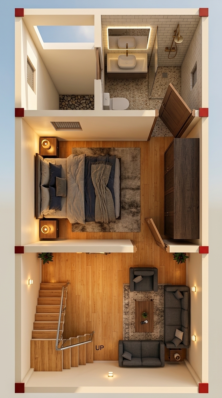 Convert this 2D architectural floor plan into a realistic top-down 3D interior rendering. Fully furnish all spaces according to the layout: 

- Lounge: Modern seating, detailed staircase, stylish flooring, and glowing wall sconce lights.
- Bedroom: Double bed with linens, nightstands, wardrobe, rug, and warm lighting.
- Bathroom: Modern vanity, toilet, walk-in shower, and tile finishes.
- O.D. (Open Duct): Finished open-to-sky ventilation shaft with wall openings.

Render with realistic materials, natural textures, soft shadows, and warm ambient interior lighting from an overhead bird's-eye perspective.