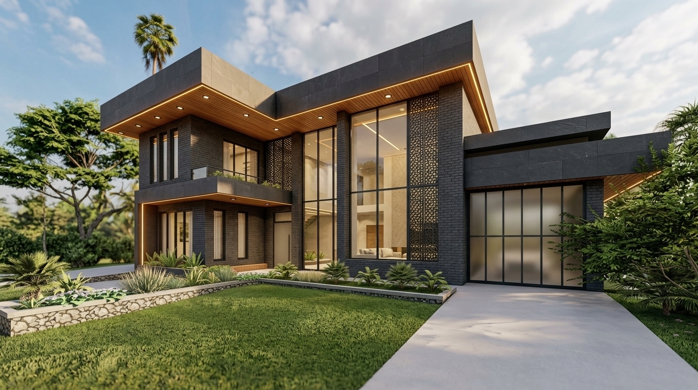 An incredibly lifelike, richly detailed, photorealistic wide-angle exterior architectural photograph of a luxurious contemporary industrial residence infused with refined mid-century modern design elements, set in a lush, sun-drenched private landscape. The scene is illuminated by radiant midday summer sunlight casting sharp, clean architectural shadows and bathing the structure in warm, golden daylight, creating an inviting, prestigious, and serene atmosphere. Captured with a professional tilt-shift lens on a full-frame camera, emphasizing the tactile harmony of matte large-format dark stone panels, warm horizontal natural wood slatted soffits, textured charcoal exposed brickwork, and intricate metal celosía screens flanking the facade. To the right, a sleek, flush-paneled garage entrance is recessed beneath the dramatic geometric cantilever, while the core of the home showcases an expansive, light-filled double-height living room framed by towering, glare-free glass curtain walls that offer transparent glimpses into an opulent, open interior. Adjacent to this soaring space sits a cozy, glazed study, neatly counterbalanced on the far left by an elegantly concealed service entrance nestled beneath the upper-level overhang. Warm amber LED strip lighting trace the floating roof planes and soffits, harmonizing with an elevated, masterfully designed front landscape complete with a pristine, leveled lawn, sculptural ornamental grasses, low-profile basalt retaining planters with blooming perennials, and a smooth, unblemished light-gray concrete driveway.