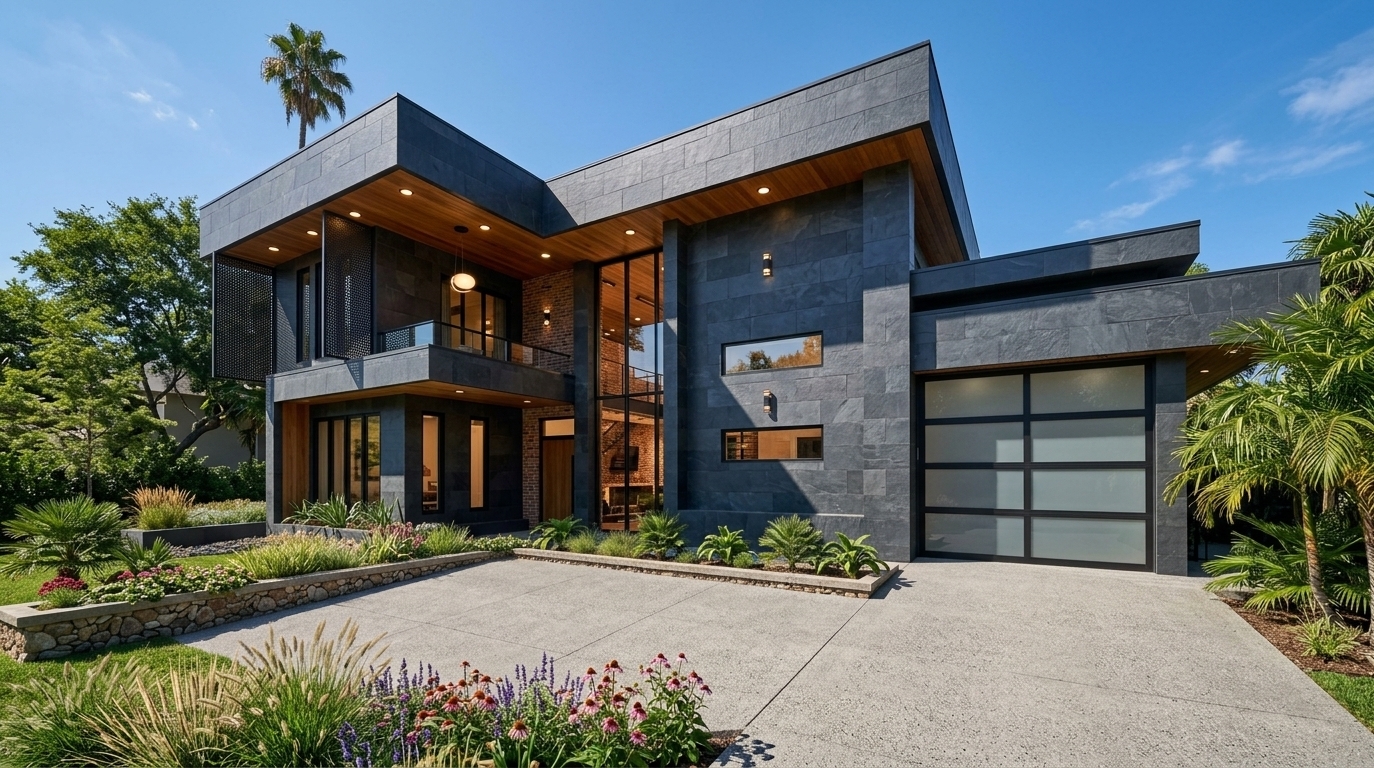An incredibly lifelike, richly detailed, photorealistic wide-angle exterior architectural photograph of a modern industrial loft residence set in a lush, sun-drenched suburban environment. The scene is illuminated by the brilliant sunlight of a clear summer midday, complemented by warm integrated LED ribbons and recessed soffit downlights, creating an inviting yet sophisticated atmosphere. Captured with a professional 24mm tilt-shift lens, emphasizing the tactile interplay of large-format dark slate stone panels, warm teak wood soffits, rustic exposed brick accents, and matte black metal framing. To the right, a sleek, flush-paneled garage door provides discreet parking access, while the center is dominated by an impressive double-height glazed living pavilion revealing warm loft interiors. Moving left past an intimate home study, the structure extends into a cantilevered second story over a dedicated service entryway, bordered by refined perforated metal screens. In the foreground, manicured architectural landscaping—complete with layered ornamental grasses, blooming perennial flowerbeds, and a pristine concrete driveway—grounds the industrial design in organic elegance.