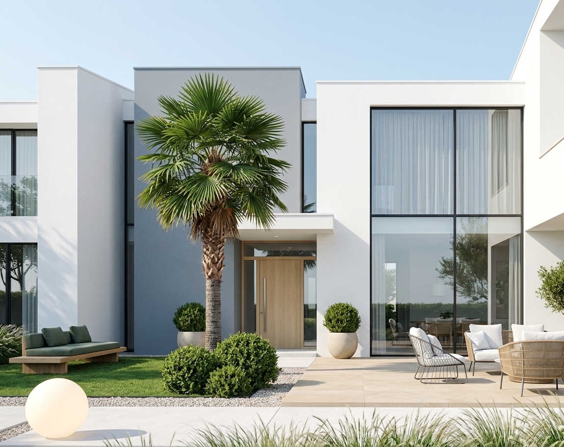 An incredibly lifelike, richly detailed, photorealistic eye-level exterior shot of a contemporary two-story coastal residence set in an airy, sun-kissed seaside environment. The scene is illuminated by bright mid-afternoon sunlight and soft ambient skylight, creating a fresh, relaxed, and deeply inviting coastal atmosphere with crisp architectural cast shadows. Captured with a full-frame camera and a 24mm tilt-shift architectural lens at f/8, emphasizing the tactile plaster finishes, refined timber grain, and lush botanical textures.

The architecture showcases a striking rectilinear composition of interlocking volumes. Crisp, brilliant white stucco facades are balanced by an earthy, muted slate-grey vertical volume that anchors the left-center of the elevation. A modern, low-profile entrance canopy cantilevers gracefully over the front porch, highlighting an oversized vertical-slat light oak front door framed by warm, backlit glazing that offers an inviting glimpse into the home's luminous, open-plan foyer. Expansive black-framed glass windows—including full-height corner panes and large upper-level apertures dressed in airy, translucent sheer drapes—reflect the pale blue sky and surrounding greenery with mirror-like clarity.

At the heart of the composition, a mature, vibrant green fan palm tree rises prominently against the facade, its fibrous trunk and radiating fronds gently swaying as if stirred by a fresh coastal breeze. Flanking the bleached concrete steps are large, rounded ceramic planters holding neatly clipped evergreen shrubs. To the right, a serene outdoor lounge vignette features delicate wire-frame and woven wicker chairs adorned with plush white accent cushions, resting on smooth, sandy-toned stone patio tiles. To the left, nestled along a pristine emerald lawn, low-profile natural teak platform benches with muted deep green upholstery offer a casual, relaxed spot for outdoor relaxation. 

The foreground is bordered by a neat swath of whispering ornamental grasses and a clean gravel walkway, framing the uncluttered, balanced layout. The entire setting exudes the refined charm of a luxury coastal photography book, seamlessly merging minimalist modern lines with nautical warmth and effortless seaside elegance.