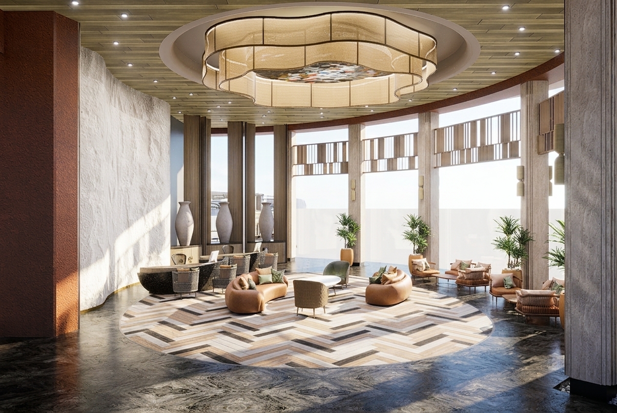 A crisp architectural photograph of the luxury rotunda lobby, illuminated by harsh, bright midday summer sunlight streaming through the expansive curved windows, casting defined shadows across the dark polished marble and herringbone parquet floors. The grand layered woven chandelier emits a subtle warm ambient glow, complementing the cool, high-noon daylight filtering in from outside. Natural material physics are enhanced with authentic micro-textures, including tactile grain on the fluted timber columns, soft reflections on the smooth reception counter, woven detail in the upholstery, and realistic subsurface scattering on the indoor plant foliage. Captured with a wide-angle tilt-shift architectural lens, featuring subtle lens distortion, realistic dynamic range balance between the luminous exterior and shaded interior, faint film grain, and gentle vignetting for pure photographic realism.