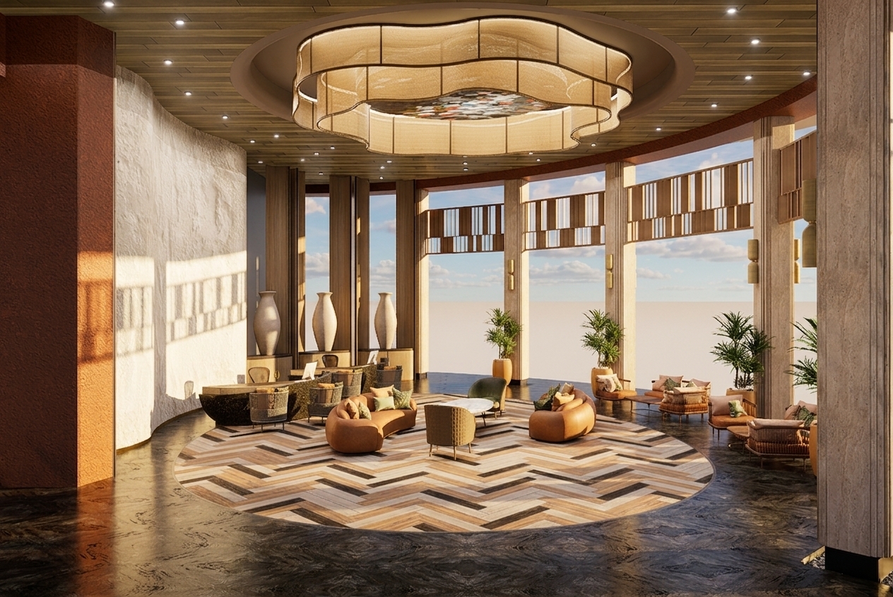 A professional architectural photograph of the identical space bathed in warm summer sunset light. Low-angled golden sunlight streams through the panoramic windows, casting long dramatic shadows across the herringbone parquet and polished dark marble floor with realistic glossy reflections. The large woven pendant fixture glows warmly, balancing the rich amber exterior light that grazes the textured feature wall and fluted columns. Captured on a wide architectural lens with balanced dynamic range, lifelike leather and upholstery textures, subtle depth of field, warm color temperature, and fine photographic grain.