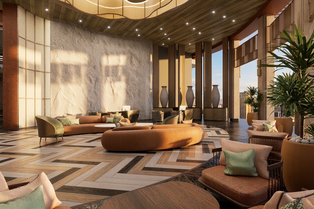 An architectural interior photograph of the luxury lobby during a warm summer sunset, maintaining the exact layout, geometry, and materials. Rich, golden-hour sunlight streams horizontally from the right, casting long, soft-edged shadows across the chevron wood flooring and highlighting the organic relief of the textured white feature wall. The terracotta upholstery reveals tactile woven fabric micro-textures and subtle creasing, while the dark polished stone and wooden surfaces display realistic specular highlights, faint reflections, and micro-imperfections. The ceiling downlights provide a soft warm fill, balancing the dramatic low-angle natural light. Captured with an eye-level architectural wide-angle lens, featuring balanced dynamic range, gentle lens vignetting, natural depth of field, and fine photographic grain.