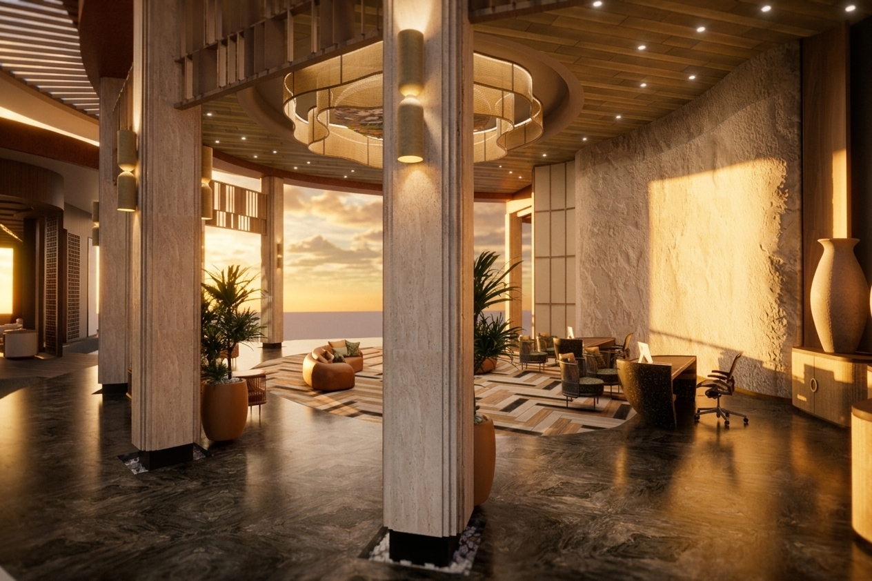Capture this exact luxury lobby scene as a photorealistic architectural photograph during a warm summer sunset, maintaining the precise geometry, framing, and layout. Rich golden-hour light streams horizontally through the open perimeter, casting long, soft shadows and washing the textured white accent wall with warm amber tones. The fluted stone pillars and dark, swirling marble floor showcase realistic micro-textures, reflections, and natural specular highlights balanced by the warm ambient glow of the wall sconces and central fixture. Rendered with an architectural tilt-shift lens aesthetic, the image features balanced exposure, subtle atmospheric haze, natural depth of field, and faint film grain for an authentic photographic feel.