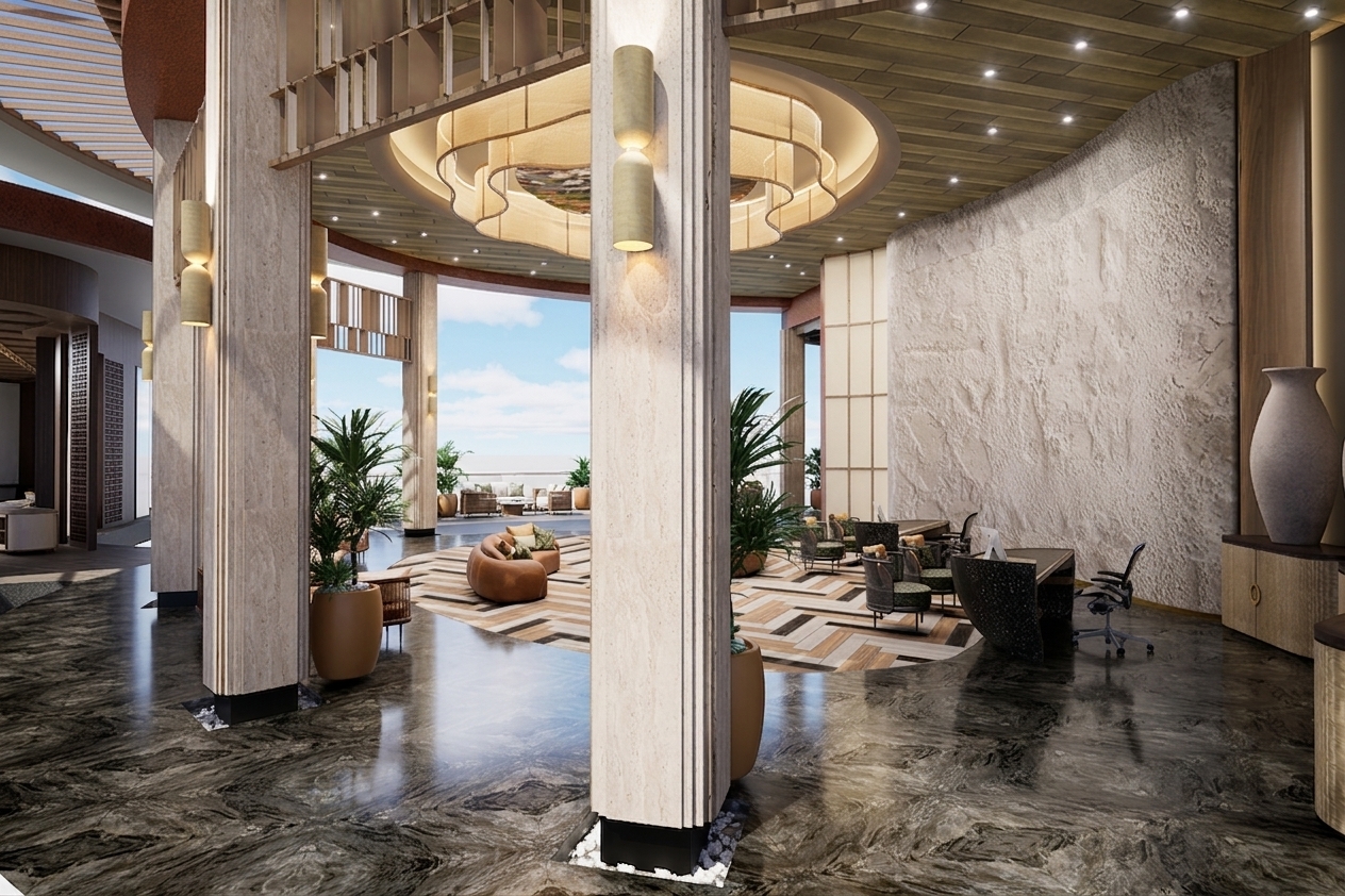 A crisp architectural photograph of the luxury lobby bathed in bright midday summer sunlight, preserving the exact geometry, materials, and composition. Intense natural daylight streams through the open perimeter, balanced by warm interior accent lights and the soft glow of the central layered chandelier. The fluted travertine columns feature authentic porous stone micro-textures, the polished dark marble floor displays accurate specular reflections with faint surface wear, and the curved feature wall reveals coarse, organic plaster relief. Shot on a wide-angle architectural lens with balanced dynamic range, edge-to-edge sharpness, and subtle film grain.