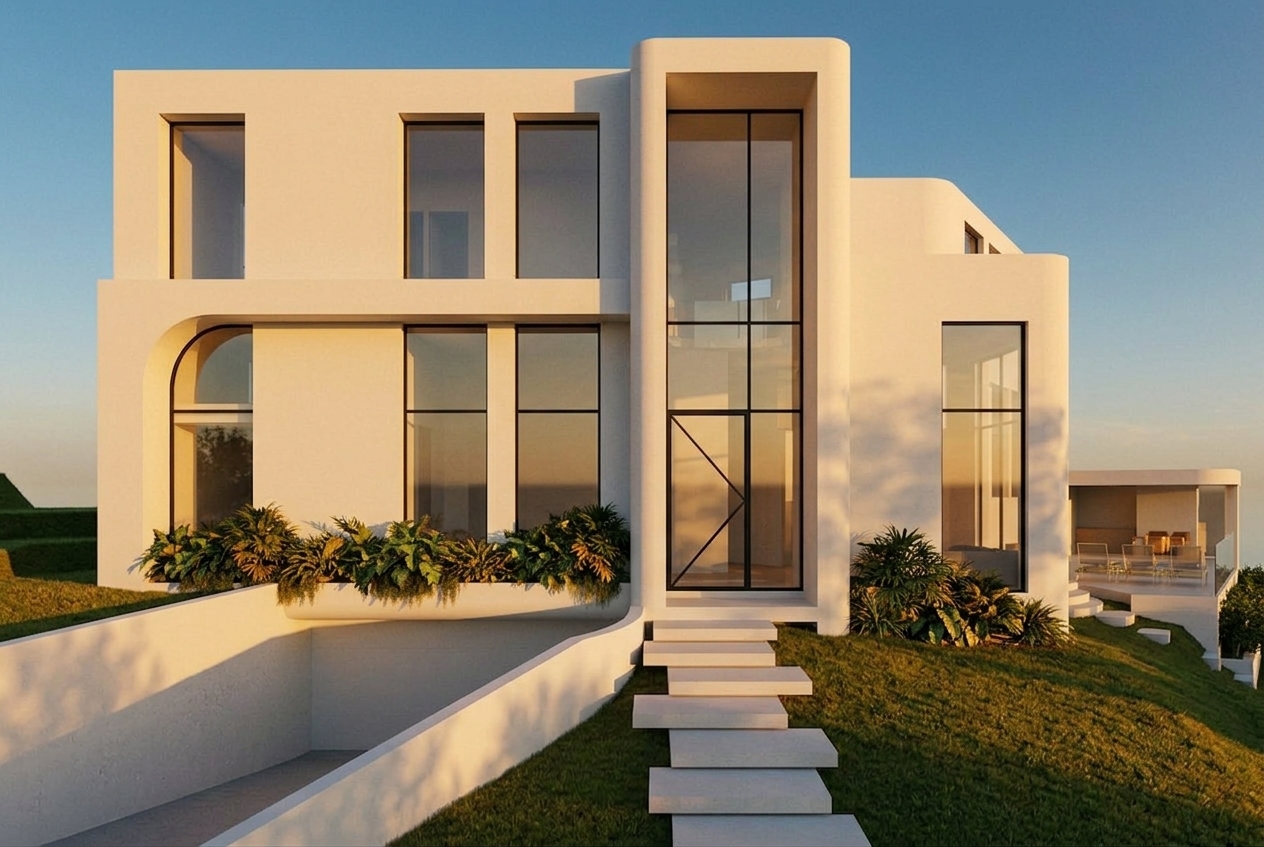A crisp architectural photograph of the modern white villa captured during a warm summer sunset, retaining the exact geometry, perspective, and composition of the reference image. Low-angled golden sunlight casts long, soft-edged shadows across the textured white stucco facade, creating warm amber highlights balanced by cool dusk tones in shaded areas. The large black-framed windows subtly reflect the glowing evening sky, while the grassy slope and lush foliage display rich natural color variations. The scene is finished with authentic photographic characteristics, including soft natural lighting contrast, gentle lens vignetting, and fine camera grain.