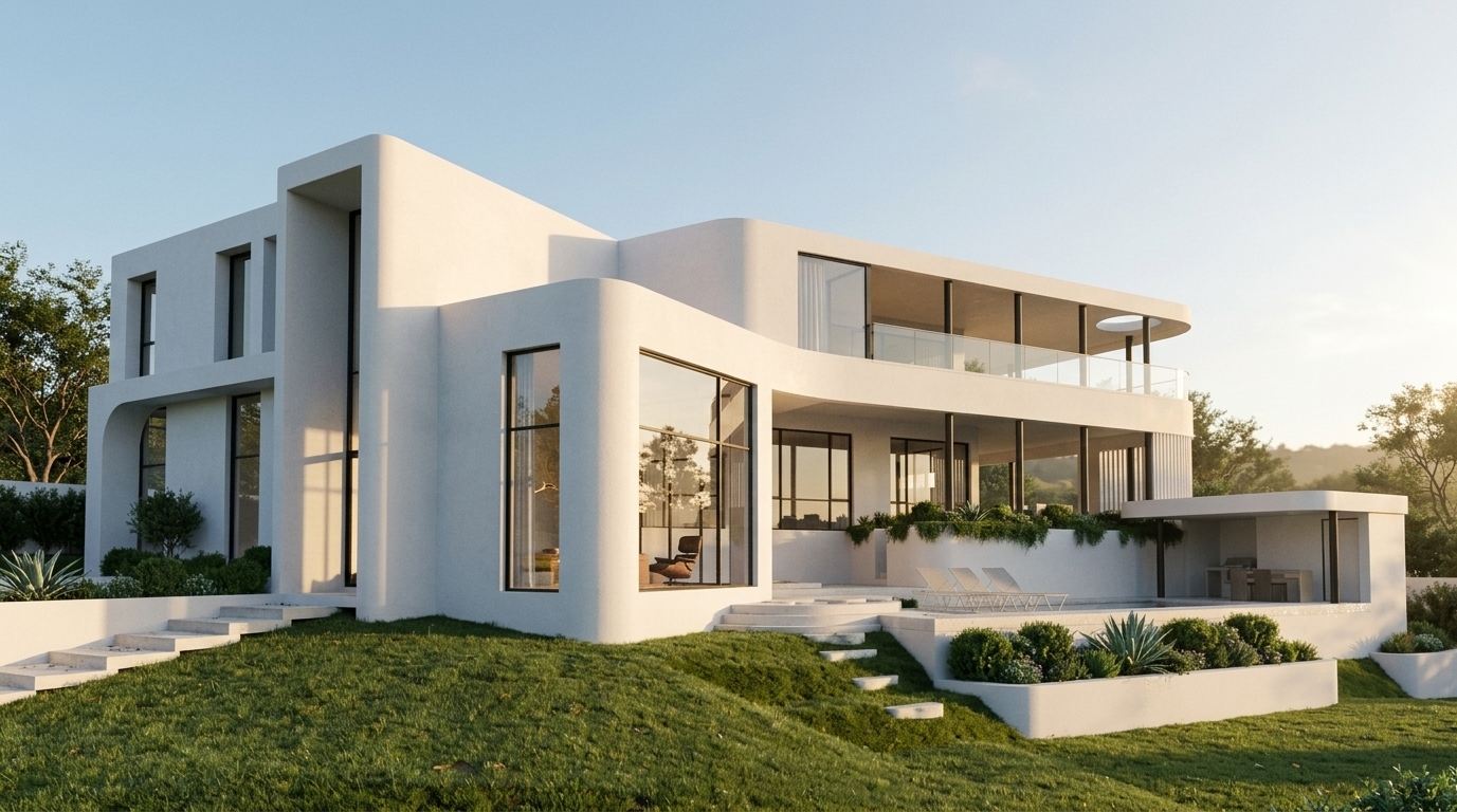 A photorealistic architectural photograph preserving the exact composition, perspective, and geometry during a warm summer sunset. Low-angled golden hour sunlight washes across the curved white stucco facade, casting soft, elongated shadows over the sloping lawn and terraces. The exterior walls display subtle plaster micro-textures and faint, natural imperfections, while the expansive glass windows and pool catch warm, authentic sky reflections. Captured on a professional camera with natural tonal dynamic range, gentle vignetting, and fine optical grain, replacing the synthetic CGI look with authentic photographic realism.