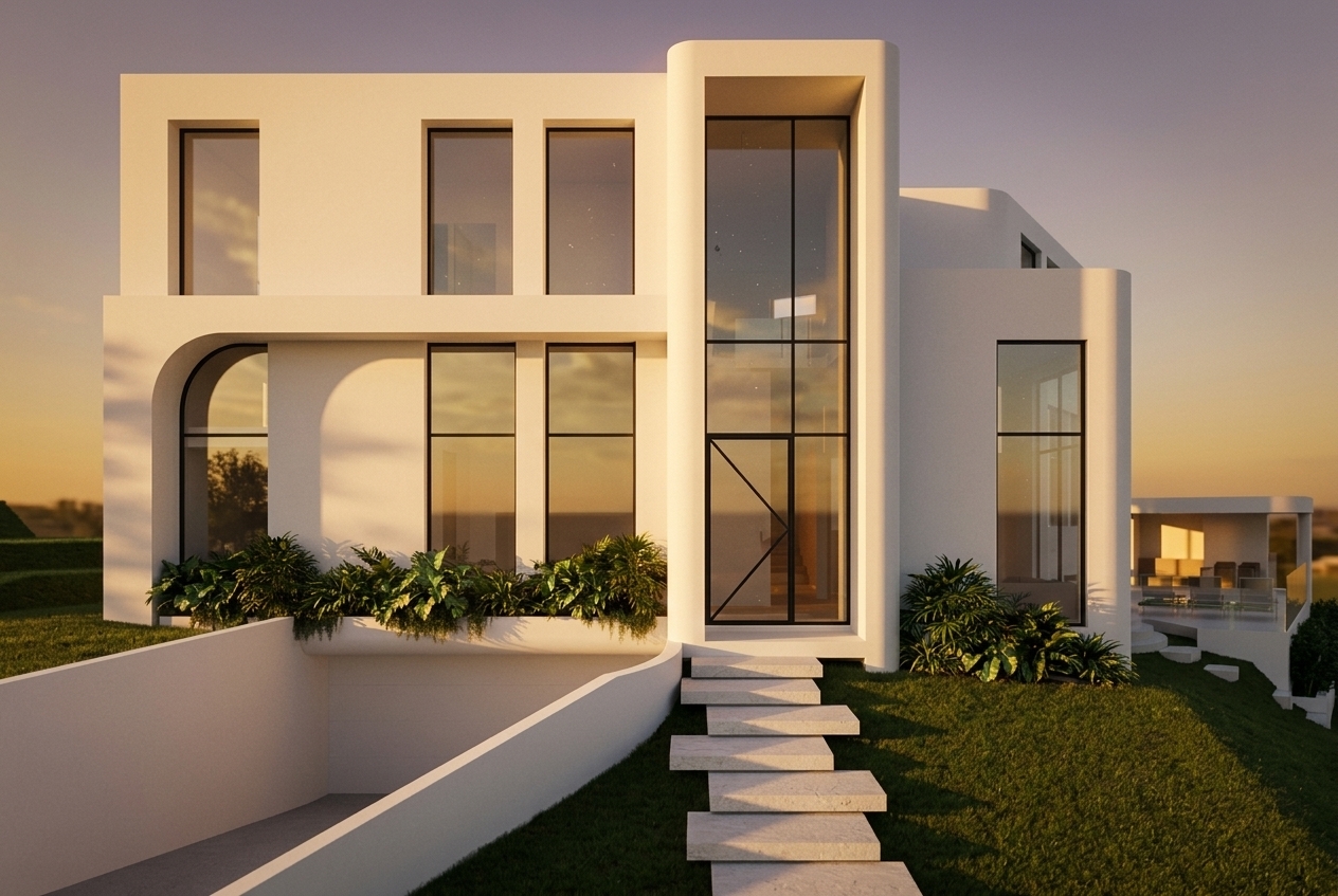 A realistic architectural photograph of the modern white villa bathed in warm, golden summer sunset light, casting elongated, soft-edged shadows across the textured stucco exterior and sloped green lawn. The large glass windows and entrance reflect the amber and soft pink tones of the low-angle sun, revealing subtle interior depth and faint dust smudges. Captured with a shift-tilt architectural lens, featuring rich color warmth, realistic grass micro-texture, gentle lens flare, and slight film grain.