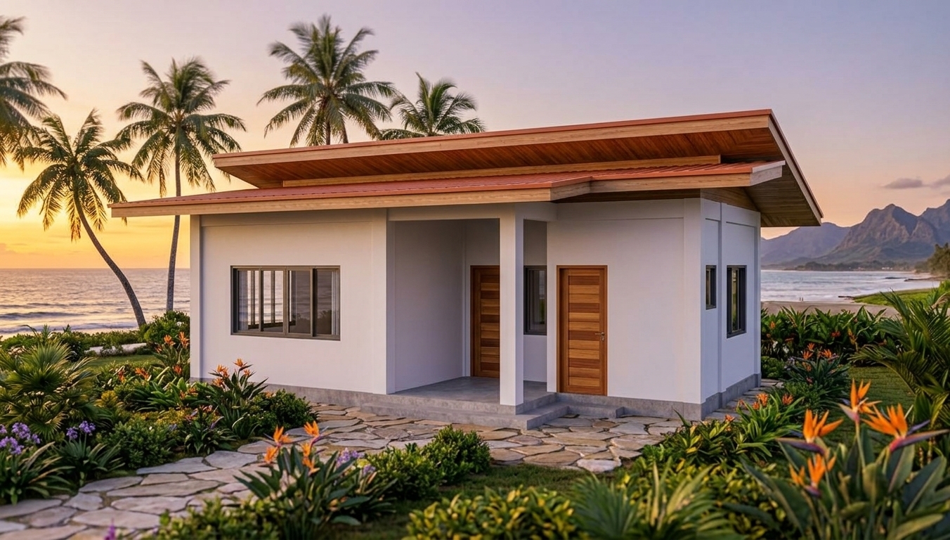 An incredibly lifelike, richly detailed, photorealistic eye-level exterior architectural shot of a contemporary tropical coastal cottage set in a lush outdoor garden overlooking a serene ocean shoreline framed by distant mountain peaks. The scene is illuminated by the warm, amber glow of a low summer sunset dipping below the horizon, creating a peaceful, dreamlike atmosphere infused with soft violet and golden tones. Captured with a professional full-frame camera and a 35mm architectural tilt-shift lens, emphasizing the smooth matte finish of the crisp white rendered walls, the tactile horizontal slats of the warm timber doors, and the natural grain of the wood paneling lining the underside of the terracotta-hued skillion roof. Elegant coconut palms sway gently in the sea breeze, silhouetted against a vibrant sunset sky that reflects off the calm ocean waves and the sleek, dark-framed glass windows of the residence. Surrounding the neat concrete plinth and welcoming entrance porch, a curated landscape of tropical shrubs, vibrant bird-of-paradise blooms, and natural flagstone pavers grounds the modern retreat, effortlessly merging minimalist residential architecture with the raw beauty of an idyllic beach and mountain escape.