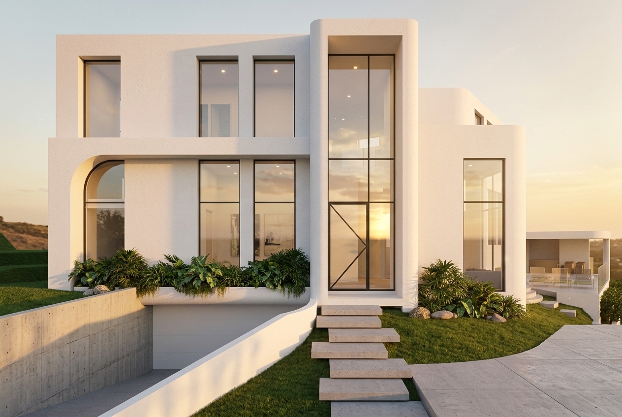 A professional architectural photograph of the modern white residence captured during a warm summer sunset at golden hour. Low-angled sunlight illuminates the textured white stucco exterior with rich golden tones, casting long, soft shadows across the sloped green lawn and stepped path. The large glass windows and entrance reflect the warm evening sky while revealing subtle interior ambient light. Lush tropical plantings show authentic subsurface scattering, while the white concrete surfaces display natural micro-textures and subtle dust. Shot with a 35mm tilt-shift architectural lens, the image features balanced dynamic range, rich warm color temperature, faint lens flare, and delicate film grain.