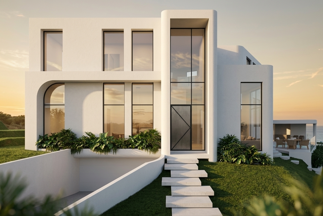 A crisp architectural photograph of the modern white villa during a warm summer sunset, bathed in low-angle golden hour light that casts soft, elongated shadows across the subtle stucco texture. The expansive glass windows catch realistic reflections of the warm evening sky. The sloping lawn and lush planter foliage show organic variation with sun-dappled backlighting, captured on a sharp architectural lens with natural exposure, faint optical vignetting, and authentic photographic depth.