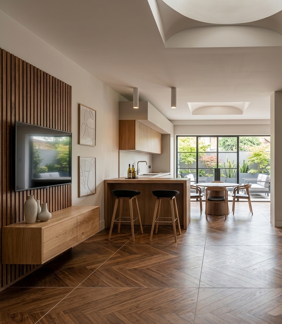 An incredibly lifelike, richly detailed, photorealistic eye-level interior photograph of an open-concept modern fusion living and kitchen area set in an elegant contemporary residence. The scene is illuminated by gentle, diffused daylight streaming in from the garden window and subtle ceiling fixtures, creating a warm, airy, and inviting atmosphere. Captured with a 35mm wide-angle architectural lens, emphasizing the rich grain and warm tones of the newly laid Hungarian herringbone walnut parquet flooring, tactile fluted wall paneling, and smooth natural wood surfaces. 

On the left, a wall-mounted television hangs elegantly above a floating natural wood media console on a textured, fluted timber feature wall accented with contemporary abstract art. In the heart of the space, a clean-lined wooden kitchen island with two stylish black-cushioned barstools serves as an inviting centerpiece, transitioning smoothly toward the background where a round dining table is thoughtfully positioned. Through the large rear window, the visual connection to nature is enhanced by a refined outdoor patio arranged with sleek, linear planters filled with architectural foliage alongside minimalist outdoor lounge furniture, perfectly blending interior luxury with serene exterior living.
