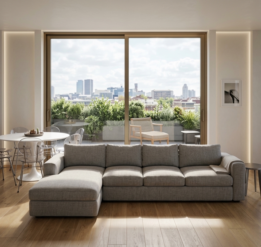 An incredibly lifelike, richly detailed, photorealistic wide-angle interior shot of a sleek contemporary living room set in an upscale urban penthouse. The scene is illuminated by bright, natural daylight streaming through expansive floor-to-ceiling sliding glass doors, creating an airy, serene, and sophisticated atmosphere. Captured with a professional full-frame camera and a 35mm architectural tilt-shift lens, emphasizing the fine woven texture of the modular grey sectional sofa and the smooth, warm grain of the hardwood flooring bathed in soft sunlight. In the background, sleek bronze-toned metal sliding frames open to a private terrace lush with manicured greenery, comfortable outdoor seating, and a softly blurred city skyline. To the left, an open-concept dining nook with a round white pedestal table and translucent sculpted chairs enhances the room's dynamic, modern fusion aesthetic, balanced by minimal yet impactful decor and clean, geometric lines throughout.