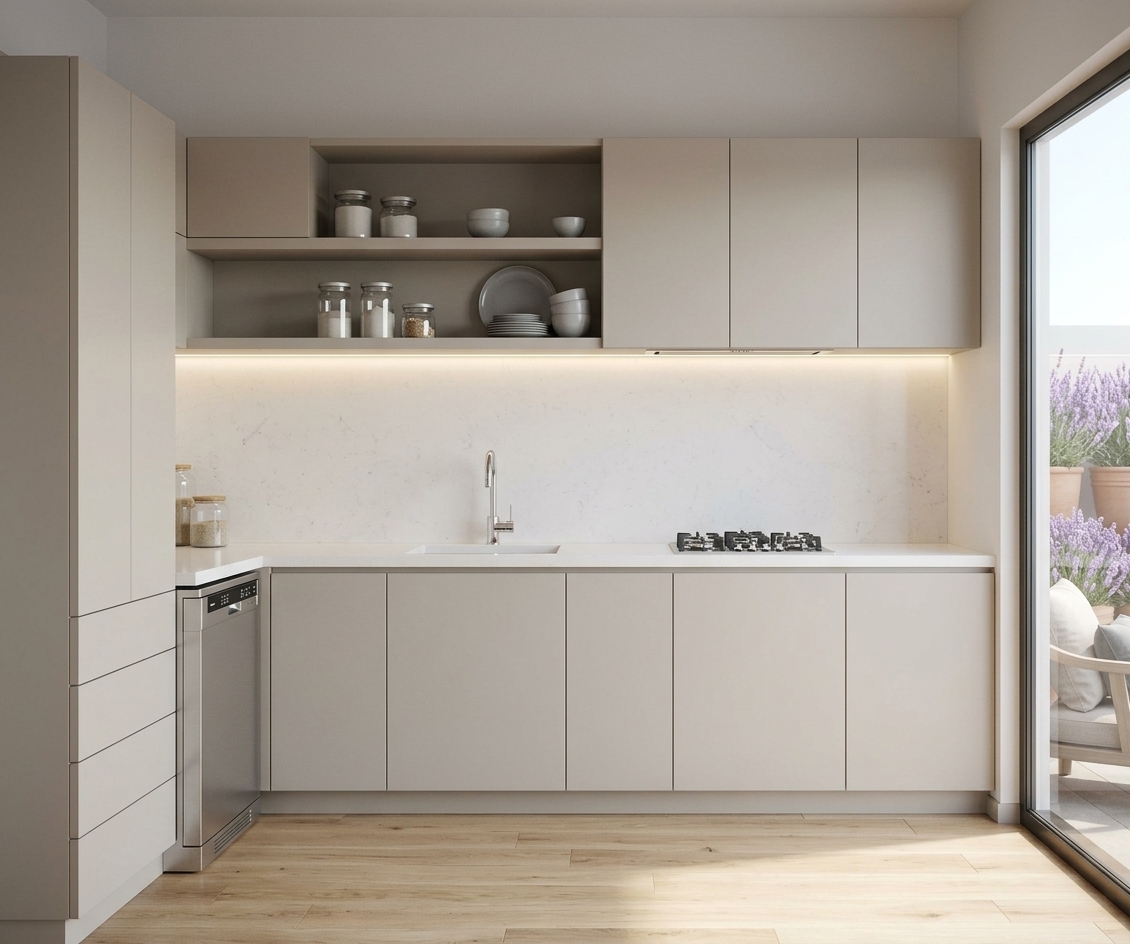 An incredibly lifelike, richly detailed, photorealistic eye-level shot of a sleek contemporary kitchen set in an open-concept urban residence. The scene is illuminated by soft, natural daylight pouring through adjacent full-height sliding glass doors and complemented by a warm, linear LED glow beneath the upper cabinetry, creating an airy, refined, and tranquil atmosphere. Captured with a professional full-frame camera and a 35mm architectural tilt-shift lens, emphasizing the ultra-smooth matte finish of the soft greige flat-panel cabinets, the polished grain of the light oak flooring, and the pristine white stone countertop. A recessed natural oak shelf introduces warmth with artfully arranged ceramic bowls and clear glass canisters, while a high-arc chrome faucet, sleek gas burner cooktop, and integrated stainless steel dishwasher lend polished, functional elegance. Just beyond the glass, a sunlit terrace filled with lush lavender blooms and cozy outdoor seating enhances the room's expansive, seamless indoor-outdoor connection.