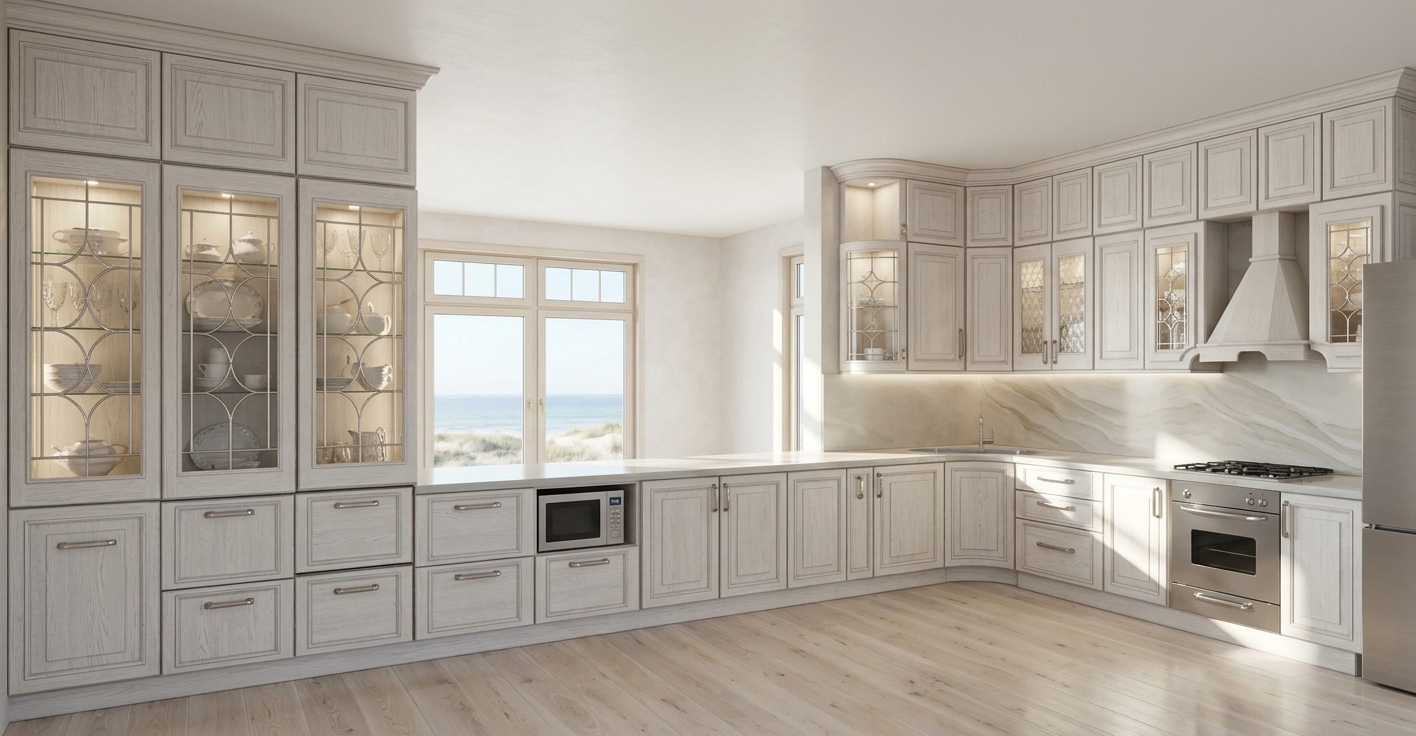 An incredibly lifelike, richly detailed, photorealistic wide-angle interior photograph of an elegant classical kitchen set in a bright, sun-drenched coastal residence. The scene is illuminated by crisp, radiant midday sunlight paired with warm, delicate interior accent lighting glowing from inside the glass vitrines, creating a fresh, serene, and luxurious coastal breeze atmosphere. Captured with a 24mm tilt-shift architectural lens, emphasizing the delicate grain of the freshly whitewashed wooden cabinetry, the classic milled paneling, and the refined diamond-grille glass display cabinets. Staying true to the original layout, the tall glass-front display unit on the left showcases softly illuminated dishware behind ornamental mullions, while smooth, polished stone countertops span the L-shaped perimeter past the integrated microwave to the corner basin and the stainless steel oven and range cooktop on the right, capped by a matching bespoke vent hood above light-toned, bleached hardwood flooring.