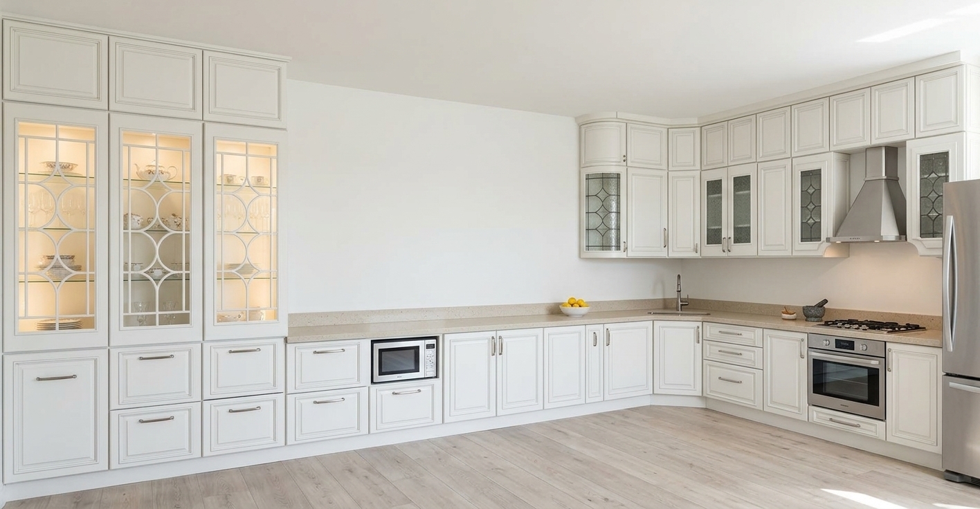 An incredibly lifelike, richly detailed, photorealistic wide-angle interior photograph of a spacious classic kitchen set in a sunlit coastal residence. The scene is illuminated by bright, natural daylight paired with gentle, warm ambient LED lighting glowing softly from within the tall glass-front vitrines on the left, creating a fresh, serene, and breezy atmosphere. Captured with a professional full-frame camera and a 24mm architectural tilt-shift lens, emphasizing the refined satin-white painted finishes, crisp traditional milled paneling, and delicate mullion glasswork. The precisely arranged cabinetry—finished in pristine coastal white—harmonizes seamlessly with light sand-toned quartz countertops, stainless steel appliances, and pale driftwood-toned flooring, delivering a timeless, elegant, and beautifully unified culinary space.