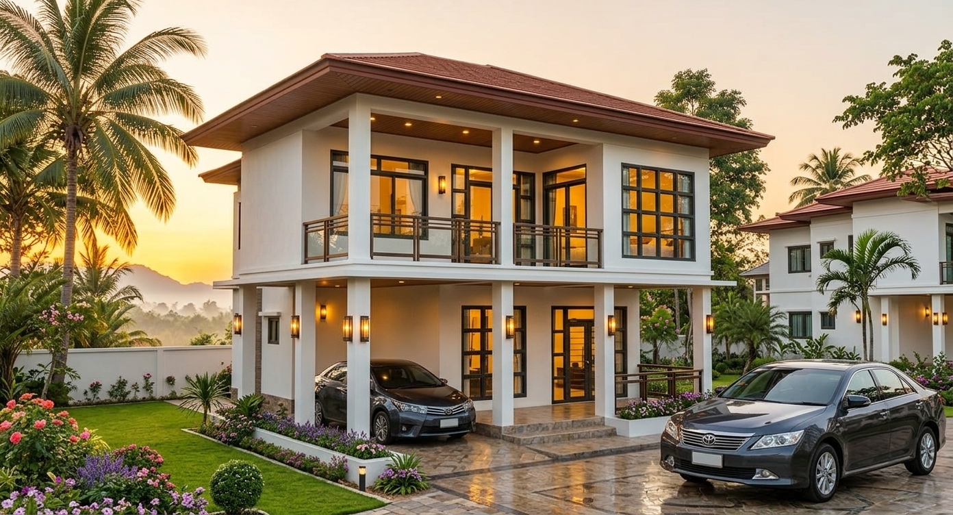An incredibly lifelike, richly detailed, photorealistic wide-angle exterior shot of a contemporary two-story villa set in a lush spring mountain escape. The scene is illuminated by the brilliant golden glow of a low sunrise breaking over distant mist-veiled peaks, perfectly harmonizing with the warm amber glow of exterior pillar sconces to create a serene, luxurious atmosphere. Captured with a professional tilt-shift architectural lens, emphasizing the crisp white stucco facade, the deep terracotta-tiled roof, polished ground-level pavers, and the glossy reflection of the sleek dark sedan now parked smoothly inside the sheltered ground-floor carport. Manicured spring flowerbeds, neatly edged turf, and tropical palms frame the open driveway, while the upper-level covered balcony and dark grid-framed windows capture soft golden reflections of dawn across this idyllic outdoor sanctuary.