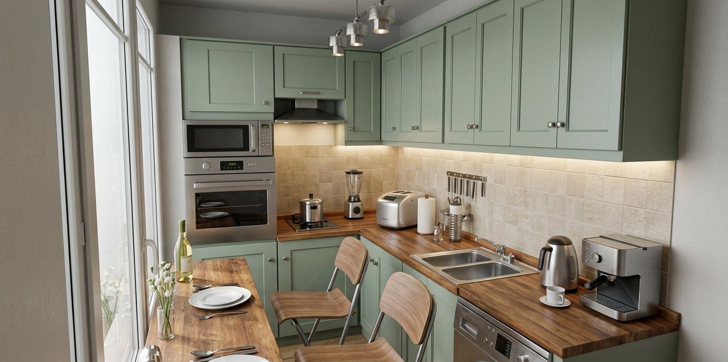 An incredibly lifelike, richly detailed, photorealistic eye-level perspective shot of a compact Scandinavian sanctuary kitchen set in a serene contemporary apartment. The scene is illuminated by crisp midday natural light streaming in from the adjacent window complemented by warm under-cabinet task illumination and modern overhead track fixtures, creating a tranquil, clean, and airy atmosphere. Captured with a 35mm interior prime lens, emphasizing the rich tactile grain of the solid butcher-block countertops, the delicate satin finish of the soft sage-green shaker cabinetry, and the subtle textures of beige ceramic backsplash tiles. The space harmoniously balances functionality and hygge-inspired comfort, showcasing built-in stainless steel appliances, an espresso station, and an inviting breakfast counter set with refined porcelain dinnerware, a wine bottle, and slender floral stems, all paired with minimalist bentwood and metal dining chairs.