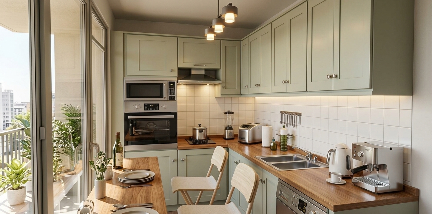 An incredibly lifelike, richly detailed, photorealistic interior shot of a compact, elegantly appointed kitchen set in a modern urban residence. The scene is illuminated by soft midday natural daylight balanced with warm overhead track fixtures and glowing under-cabinet task lighting, creating an airy, refined, and sophisticated atmosphere. Captured with a professional 24mm architectural lens, emphasizing the tactile beauty of satin-finish pale sage cabinetry, warm polished timber countertops, and subtle brushed chrome hardware. Built-in stainless steel appliances—including an integrated oven, sleek range hood, and modern espresso station—blend seamlessly with crisp subway tile backsplashes, while an inviting breakfast bar set with minimalist tableware and clean-lined wooden chairs underscores an understated, contemporary elegance.