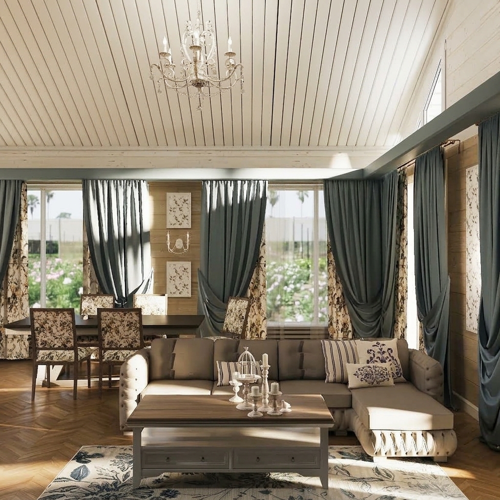 Brighten the interior with abundant natural daylight streaming through the large windows. Pull back the heavy teal-blue curtains slightly to let in bright sunbeams. Naturally illuminate the living room and dining area, casting soft sunlight onto the chevron wood floors, beige sectional sofa, and white wood-paneled vaulted ceiling, enhancing warmth and clarity.