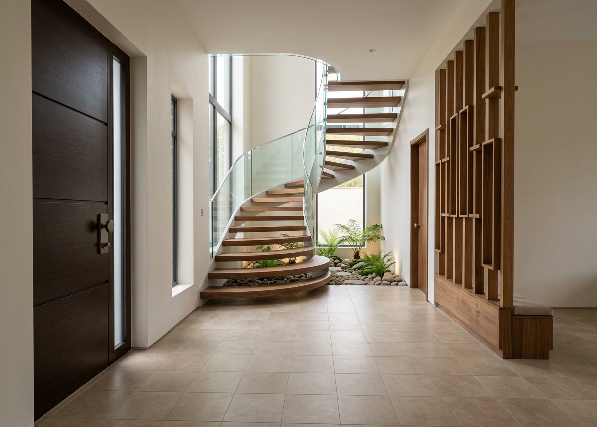 An incredibly lifelike, richly detailed, photorealistic wide-angle architectural photograph of an elegant foyer and living space set in a contemporary luxury residence. The scene is illuminated by soft, natural daylight filtering through expansive double-height windows and an integrated lightwell above, creating an airy, serene, and sophisticated atmosphere. Captured with a professional full-frame camera and a 24mm tilt-shift lens, emphasizing subtle reflections, refined organic materials, and clean architectural lines. At the center of the composition, a breathtaking spiral staircase with rich warm-timber treads curves gracefully upward into the double-height ceiling, lined with a pristine, seamless curved glass handrail that catches crystalline glints of light. Tucked directly beneath the sweeping undercarriage of the stairs near the sunlit back window, a tranquil indoor courtyard garden flourishes with smooth river stones, delicate architectural ferns, and concealed soft uplighting. Large-format beige matte ceramic tiles stretch across the expansive floor, offering an earthy, understated foundation that harmonizes with the smooth, plain off-white walls. To the left, a grand dark espresso wood front door with sleek vertical glass inserts stands with quiet authority, while on the right, an artfully composed partition of vertical natural wood battens, complete with floating accent ledges and a bespoke cushioned bench, gently partitions the entryway from the welcoming living quarters beyond.