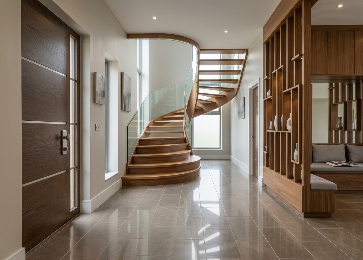 An incredibly lifelike, richly detailed, photorealistic eye-level interior shot of a sophisticated contemporary foyer and living corridor set in a luxurious modern residence. The scene is illuminated by natural, diffused daylight pouring through the rear window and curved stairwell lightwell, complemented by warm recessed sculptural lighting to create an airy, tranquil, and refined atmosphere. Captured with a professional 24mm tilt-shift lens, emphasizing the gleaming reflections on the polished warm-gray stone floor tiles, the fine wood grain of the spiral staircase, and the delicate craftsmanship of architectural millwork. On the left, an understated yet stately dark oak door fitted with slim metal accents and glass inserts establishes a clean-lined aesthetic along pearl-finished walls adorned with subtle abstract wall art. A breathtaking sculptural wooden staircase curves gracefully upward beneath a high ceiling, flanked by clear curved glass balustrades that reflect champagne and soft gray wall tones. To the right, a custom vertical timber slat partition functions as a transparent room divider, housing integrated display niches with curated ceramic decor and an open photography book, which seamlessly transitions into a sleek entry bench fitted with tailored, soft gray upholstered cushions, perfectly balancing polished luxury with understated comfort.