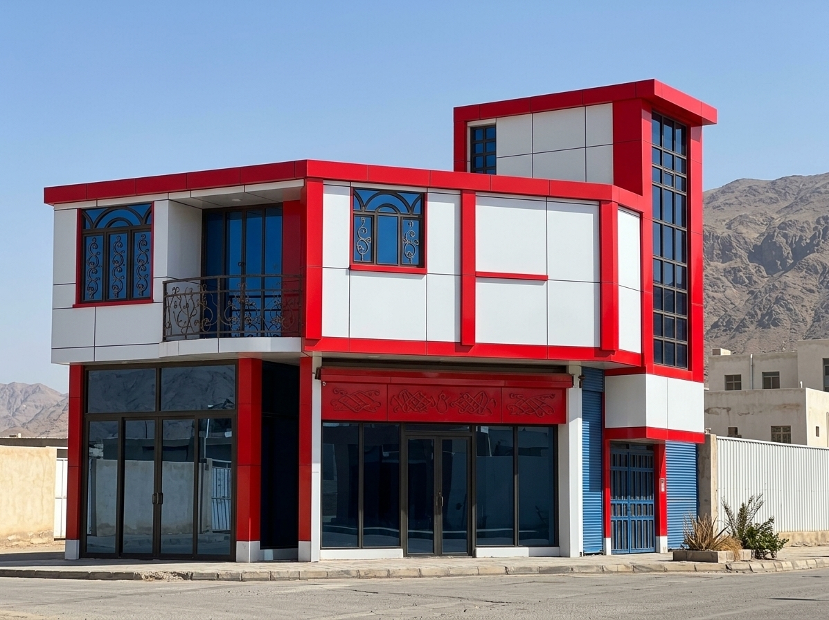 An incredibly lifelike, richly detailed, photorealistic eye-level exterior architectural shot of a revitalized mixed-use building featuring a modern fusion style, set in a dry, sun-drenched townscape backed by rugged mountains. The scene is illuminated by bright, clear midday sunlight with crisp geometry and soft ground reflections, creating a bold, contemporary atmosphere. Captured with a professional architectural tilt-shift lens, emphasizing the ultra-smooth surfaces of the rainscreen cladding juxtaposed with deep blue glazing and industrial elements. 

The building’s former brick exterior has been completely reclad in a sharp, dynamic composition of high-gloss white and vibrant red aluminum composite panels (Albond), articulating its staggered volumes, cantilevered upper level, and prominent vertical stair tower with modern, clean lines and defined panel joints. While the wall envelope is radically updated, all original openings remain precisely intact: the ground-floor dark-framed glazed shopfronts, the carved red overhead lintel, the adjacent blue security shutter and gate, the upper balcony with its ornate wrought-iron railing, and the striking blue-tinted arched windows and vertical curtain wall. This seamless integration of high-tech red-and-white panels against the preserved fenestration breathes a sleek, futuristic commercial vibrancy into the desert environment.