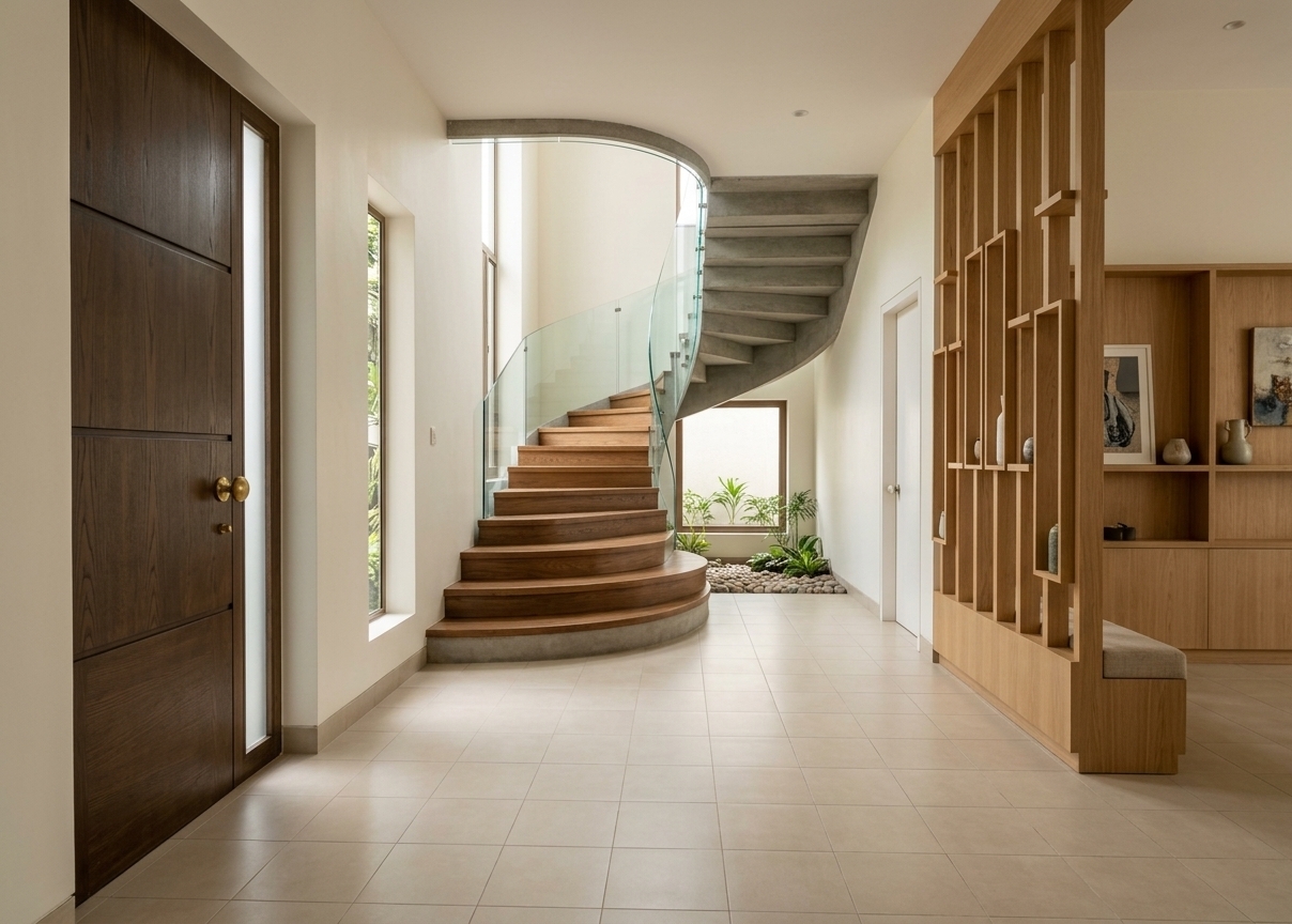 An incredibly lifelike, richly detailed, photorealistic wide-angle interior shot of a sophisticated residential foyer and living area set in a sunlit modern luxury home. The scene is illuminated by luminous, diffused daylight cascading down through an airy double-height stairwell and beaming through a broad rear picture window, creating an uplifting, serene, and warm atmosphere. Captured with a professional 24mm architectural tilt-shift lens, emphasizing the smooth, low-sheen finish of 4x2 matte beige porcelain floor tiles, the refined grain of rich wooden step treads, and the crystalline transparency of a sweeping frameless glass handrail. On the left, a substantial dark oak entry door with vertical frosted glass inserts introduces a grounded contrast against the pristine, warm-white plastered walls. The reinforced concrete (RCC) spiral staircase curves gracefully upward as an architectural centerpiece, floating above a tranquil mini-courtyard nook arranged with smooth river pebbles and subtle indoor greenery beneath the brightly lit back window. To the right, a bespoke natural oak vertical slatted room divider with inset display shelves and an integrated upholstered bench seat provides depth, texture, and tailored contemporary elegance to this impeccably balanced, open-plan space.