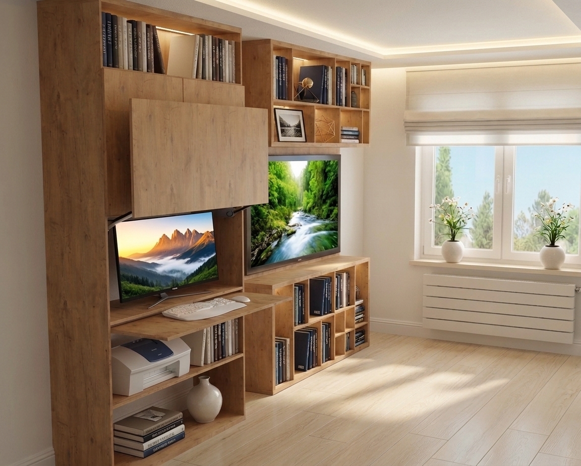 A clean, wide-angle interior photograph of the exact room setup, illuminated by soft, warm recessed ceiling lights that fill the space with a gentle overhead ambiance and mix naturally with the daylight from the window. The subtle ceiling illumination casts soft, graduated shadows beneath the wooden shelving and workstation, highlighting the tactile grain of the timber surfaces, the gloss of the monitor and TV screens, and the light wood floor planks. Captured on a 35mm lens with balanced exposure, gentle room diffusion, realistic material micro-textures, faint lens flare, and subtle depth of field, rendering the scene as a crisp, authentic architectural photograph.