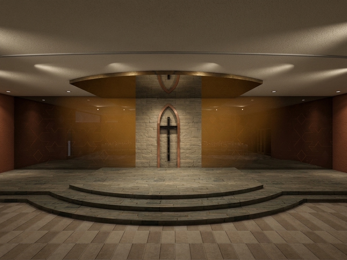 Architectural photograph of this church sanctuary under somber, reverent lighting, preserving the exact geometry and composition. The stepped stone platform and foreground pavers feature authentic surface micro-textures, matte roughness, and soft contact shadows. Moody, low-key directional lighting grazes the central masonry pillar, emphasizing the recessed dark cross with gentle contrast and realistic shadow roll-off. The translucent amber backdrop diffuses a warm, subdued ambient glow with subtle glass reflections. Captured with a professional wide-angle lens, exhibiting natural optical depth, soft dynamic range, and fine photographic grain.