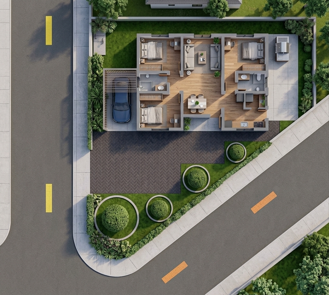 An incredibly lifelike, richly detailed, photorealistic top-down cutaway view of a modern, single-story residence designed as a minimalist haven set in a quiet, manicured suburban corner lot. The scene is illuminated by soft, diffused daylight pouring across open spaces and casting gentle, realistic shadows, creating a serene, tranquil, and Zen-inspired atmosphere. Captured with a high-resolution architectural camera, emphasizing the crisp textures of dark herringbone paving stones, lush emerald garden beds, smooth concrete finishes, and warm natural oak flooring. Inside, the streamlined living room and adjoining dining area feature a balanced palette of whites, cool grays, and subtle pastel accents, furnished with low-profile linen seating, a single elegant photography book resting on a clutter-free coffee table, sleek metal and warm wooden cabinetry, and delicate potted indoor greenery. Outside, a sleek vehicle sits sheltered in the carport beside pristine garden borders, seamlessly tying the home's functional, modern interior layout to its peaceful outdoor patio and exterior kitchen space.