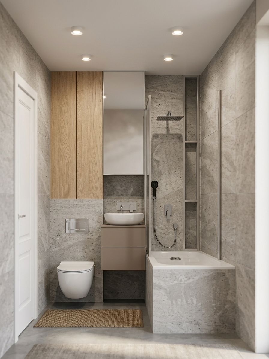 Architectural interior photograph capturing the exact bathroom scene straight-on with a sharp 35mm lens in soft, natural spring midday light. Diffused daylight balances subtly with warm overhead spotlights, creating realistic ambient occlusion and gentle shadows. Materials are physically authentic, featuring rich tactile wood grain on the upper cabinetry, a crisp glass reflection on the mirror, glossy glazed ceramic for the toilet and vessel basin, and delicate textures on the stone wall tiles. Metallic fixtures exhibit sharp specular highlights, with subtle photographic depth, balanced dynamic range, and clean, lifelike clarity throughout.