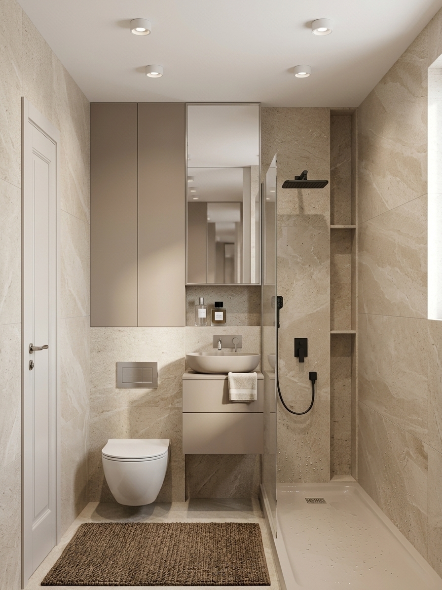 An eye-level architectural photograph capturing the compact modern bathroom under bright, clean midday spring sunlight mixed with soft, warm downlighting from the ceiling fixtures. The composition, geometry, and layout remain precisely as shown, featuring the wall-hung ceramic toilet, taupe flat-panel cabinetry, oval vessel sink, and matte black shower fixtures against warm beige stone wall tiles. Render authentic surface textures with subtle ceramic gloss, realistic water-drop reflections, fine matte finishes on the cabinetry, and faint natural specular highlights on the mirror, captured sharply with a 35mm lens, neutral color temperature, gentle ambient occlusion shadows, and delicate photographic grain.