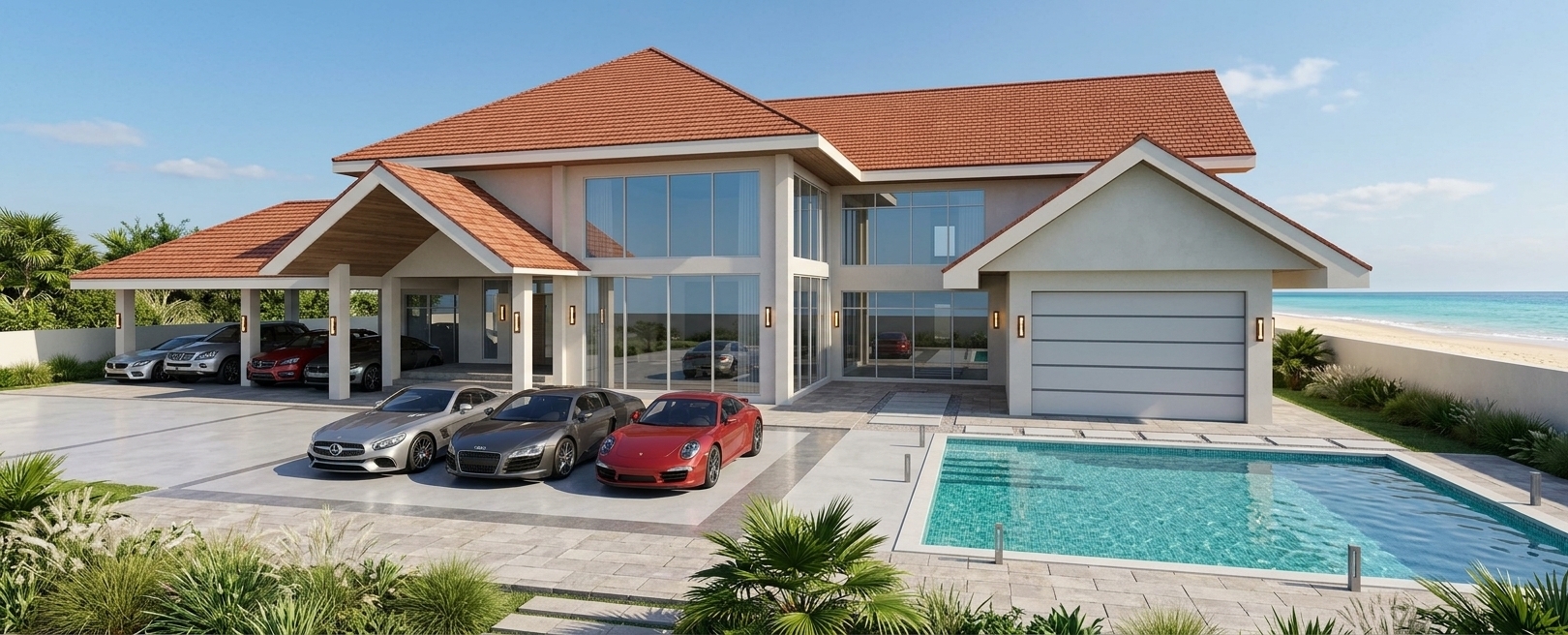 An incredibly lifelike, richly detailed, photorealistic wide-angle architectural shot of a contemporary coastal luxury residence set along a serene beachside property. The scene is illuminated by radiant midday spring sunlight casting crisp architectural shadows, creating a serene, opulent, and inviting atmosphere. Captured with a full-frame camera and a sharp 24mm tilt-shift lens, emphasizing the rich texture of terra-cotta red brick roof tiles, smooth off-white minimalist stucco walls, and expansive double-height clear glass windows reflecting the blue sky. Under the open-air portico and carport, sleek, glossy sports cars gleam in soft ambient shade beside warm, modern exterior wall sconces mounted on pristine columns. To the right, a shimmering turquoise swimming pool laps gently beside structured accent landscaping, dissolving effortlessly toward the glistening open beach water beyond, while a clean-lined perimeter wall fence and lush coastal greenery frame the manicured stone paver driveway in absolute tranquility.