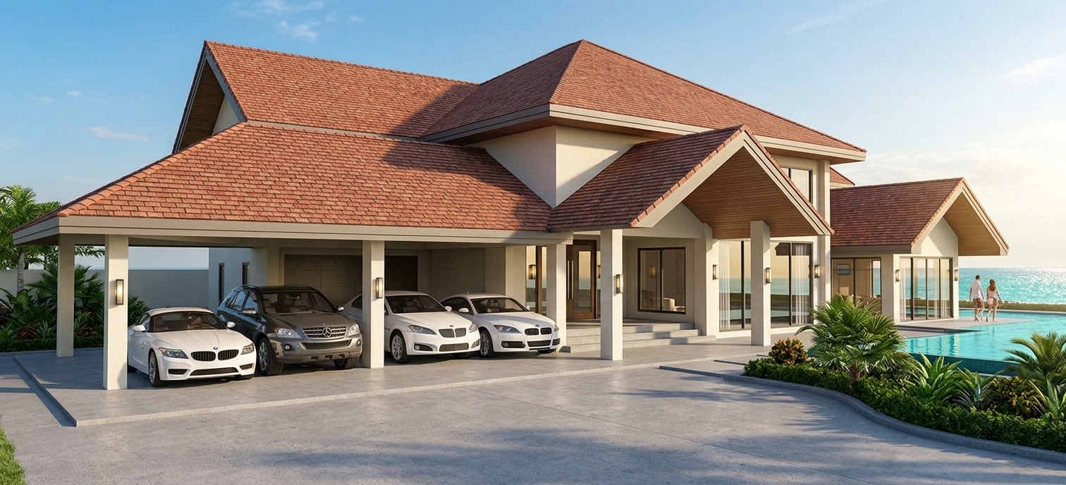 An incredibly lifelike, richly detailed, photorealistic wide-angle architectural shot of a modern luxury coastal villa set in an idyllic seaside landscape. The scene is illuminated by brilliant, warm afternoon sunlight and soft skylight, creating a vibrant, relaxed, and sun-drenched atmosphere stirred by a gentle coastal breeze. Captured with a professional 24mm tilt-shift architectural lens, emphasizing the tactile texture of interlocking red brick roof tiles, smooth neutral cream stucco facades, and the mirror-like reflections on large floor-to-ceiling clear glass windows. Under the generous open-air carport, a fleet of high-end, glossy sports cars and SUVs reflect the open daylight, flanked by sleek, modern exterior wall sconces mounted along the clean white pillars. To the right, verdant accent palms and landscaped beds frame a crystalline turquoise swimming pool extending toward the sparkling ocean waves, while elegant perimeter glass walls, a discreet rear property fence, and casually strolling figures bring realistic scale and resort-style vitality to this premier beachfront residence.