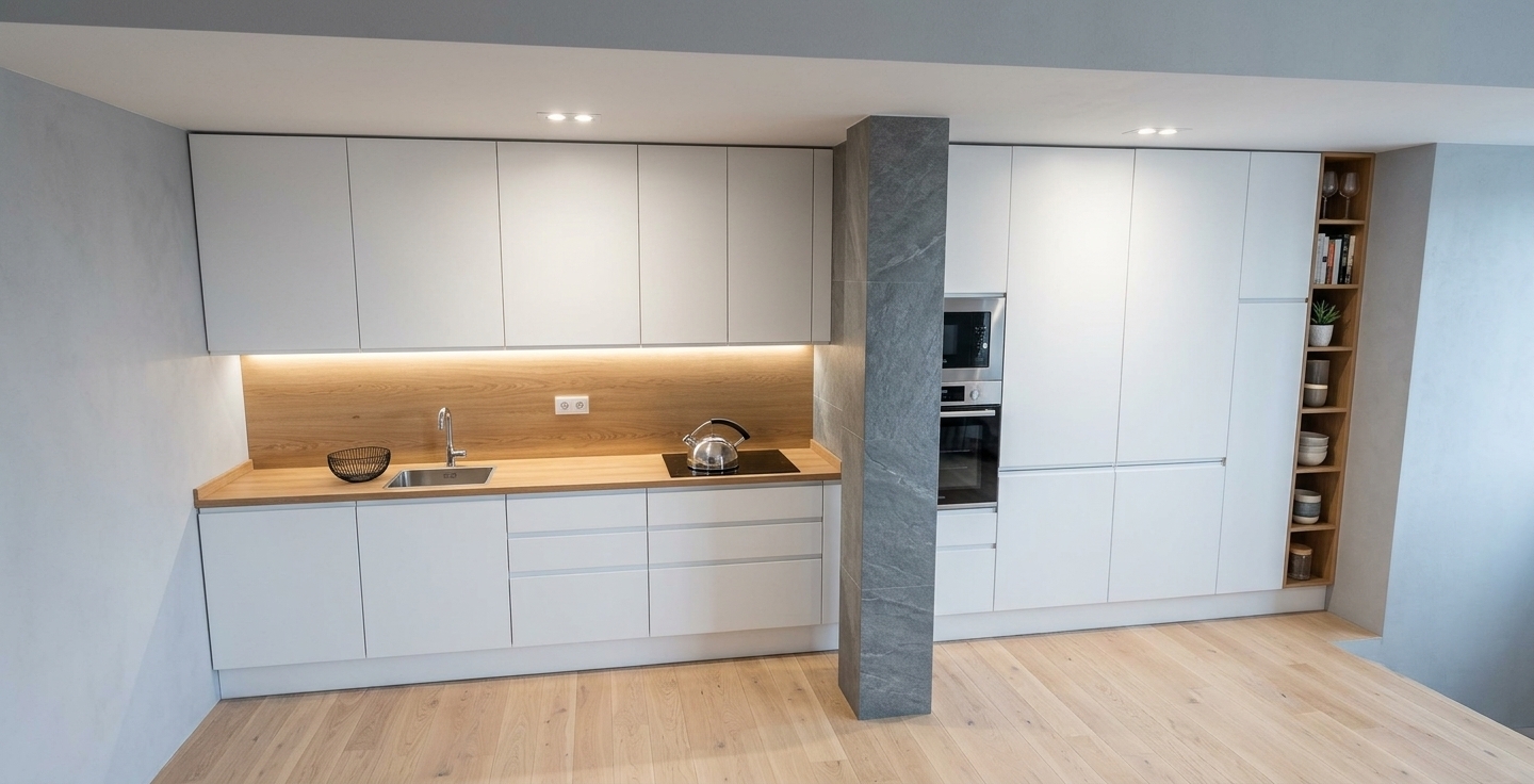 An incredibly lifelike, richly detailed, photorealistic wide-angle interior photo of a sleek kitchen set in a modern minimalist haven. The scene is illuminated by soft, recessed ceiling spotlights and delicate warm under-cabinet LED glow, creating a bright, serene, and sophisticated atmosphere. Captured with a professional 24mm tilt-shift lens, emphasizing the crisp linear geometry and tactile surfaces, the space features seamless, handleless matte-white cabinetry paired harmoniously with a light oak wood countertop and matching continuous splashback. To the left, a stainless steel undermount sink and sleek black induction cooktop anchor the prep zone, while across a minimalist tiled structural pillar, integrated tall cabinets seamlessly house a built-in oven and microwave. The composition is grounded by pale blonde hardwood flooring with realistic wood grain patterns, leading the eye to a tall, illuminated wood niche shelf stocked with elegant glassware and culinary accents.