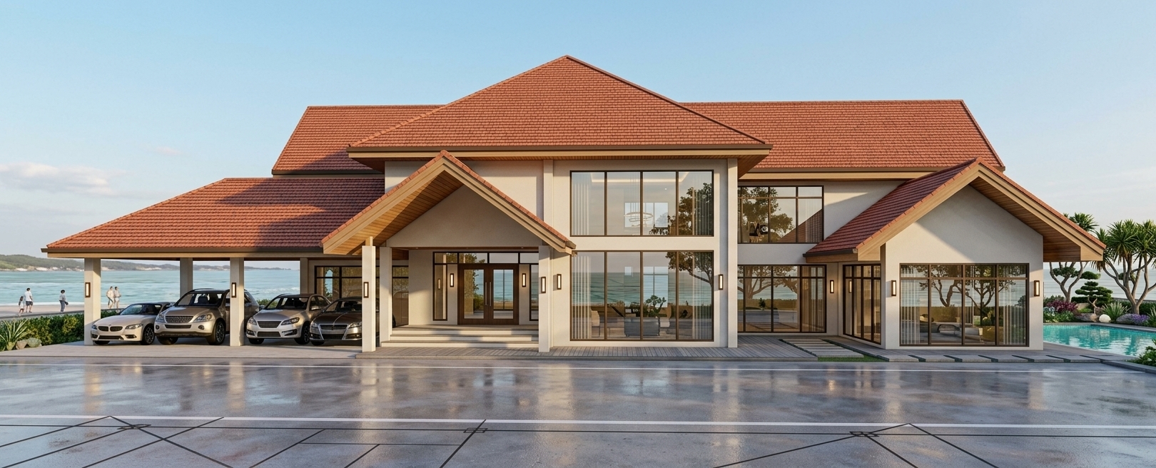 An incredibly lifelike, richly detailed, photorealistic wide-angle architectural shot of an expansive Scandinavian sanctuary house exterior set in a serene coastal environment. The scene is illuminated by radiant, natural daylight with golden sunlight casting soft, elegant shadows, creating a tranquil and luxurious atmosphere. Captured with a 35mm architectural tilt-shift lens, emphasizing the fine textures of the terracotta red brick tile roofing, smooth neutral-toned off-white facade, and crystalline reflections on the expansive clear glass windows. Under the generous open carport to the left, several glossy luxury cars gleam with mirror-like finishes, while minimalist vertical wall-mounted lamps flank the entryway and garage pillars. To the right, a shimmering turquoise swimming pool sits enveloped by lush accent plants, sculptural trees, and a vista opening out onto clear, rolling beach water where people leisurely stroll in the distance. In the foreground, a sleek, wet concrete road catches soft ambient reflections of the sky and architecture, completing this sophisticated coastal retreat.