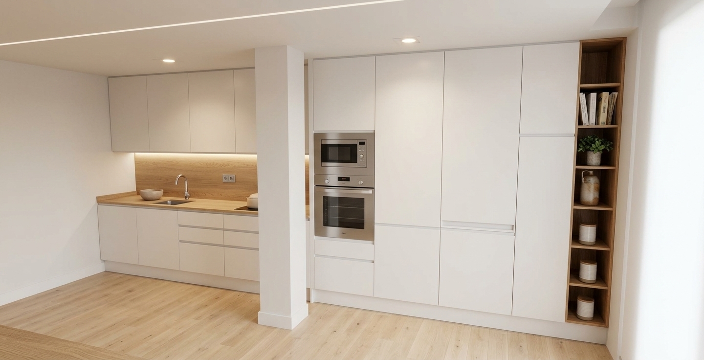 An incredibly lifelike, richly detailed, photorealistic wide-angle interior photo of a modern kitchen set in a serene, minimalist haven. The scene is illuminated by soft ambient daylight complemented by warm recessed ceiling spotlights and hidden under-cabinet LED task lighting, creating an inviting, tranquil, and pristine atmosphere. Captured with a 24mm architectural tilt-shift lens, emphasizing the silky matte finish of the seamless white handleless cabinetry, the delicate organic grain of the natural oak backsplash and countertops, and the gentle sheen of the light blonde plank flooring. A clean-lined white structural column thoughtfully separates the prep area—equipped with an undermount sink and sleek chrome gooseneck faucet—from the floor-to-ceiling appliance wall featuring flush-mounted stainless steel ovens. Accentuating the far edge, a floor-to-ceiling recessed timber shelving unit adds depth and warmth, tastefully styled with curated cookbooks, potted greenery, and artisan ceramic jars.
