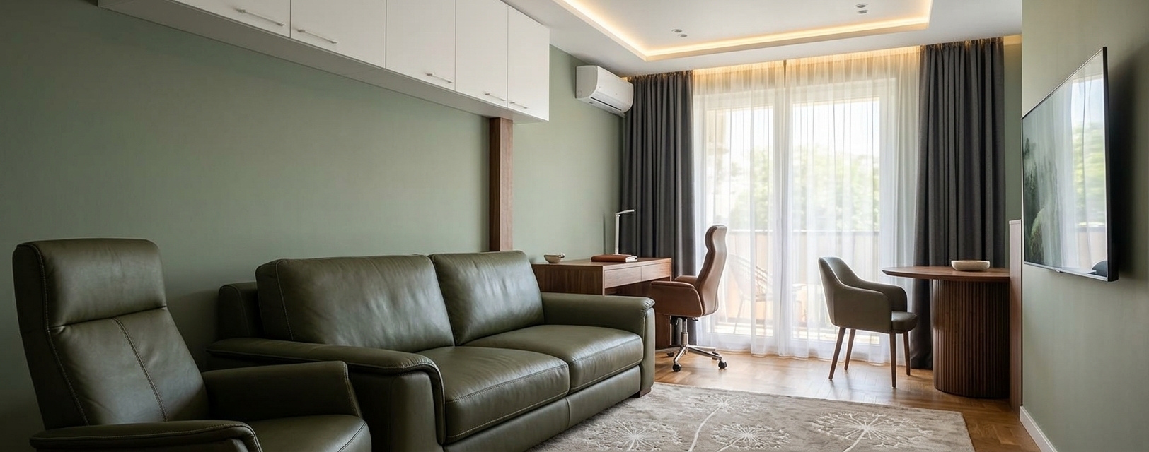 An incredibly lifelike, richly detailed, photorealistic wide-angle interior shot of a sophisticated living room set in a contemporary summer apartment at bright midday. The scene is illuminated by brilliant natural daylight softly diffused through floor-to-ceiling sheer white and charcoal drapes, complemented by the warm, ambient glow of hidden perimeter LED strips around a sleek floating ceiling and minimalist recessed spotlights, creating a serene, balanced atmosphere of modern elegance. Captured with a professional full-frame camera and a 24mm architectural tilt-shift lens, emphasizing the rich sheen and tactile grain of the deep olive-green leather sofa, the delicate white dandelion silhouettes woven across a plush area rug over warm parquet flooring, and the crisp matte finishes of the overhead cabinetry, fluted dining pedestal, and calming sage-toned feature walls.